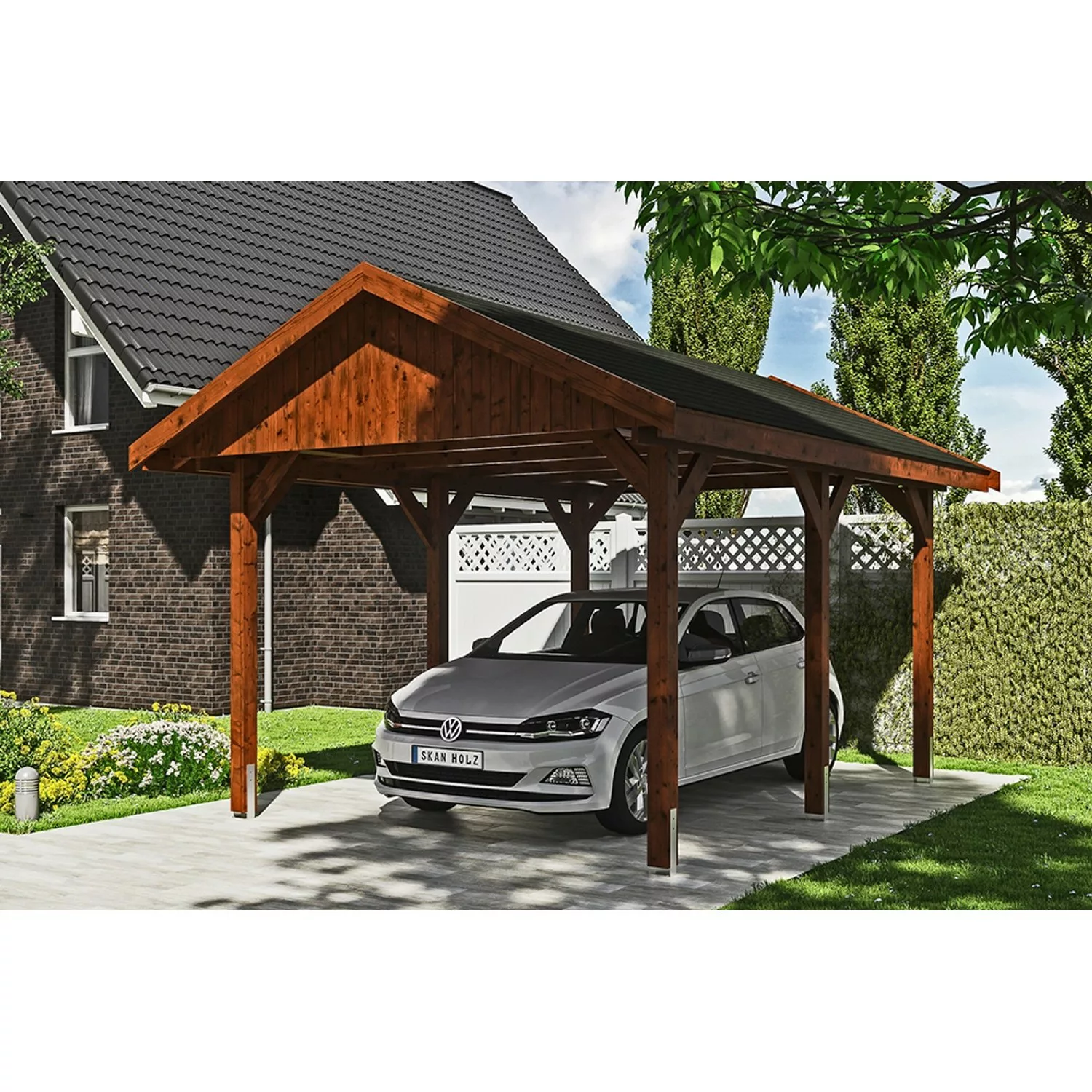 Satteldach-Carport Wallgau Nussbaum 380 x 500 cm schwarze Schindeln günstig online kaufen