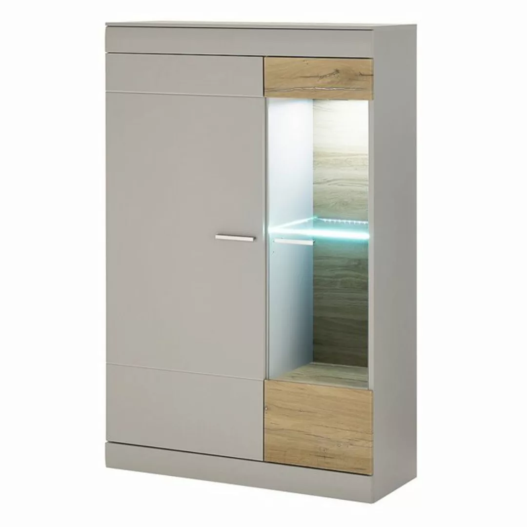 Lomadox Vitrine SINAIA-61 grau matt mit Zinn Eiche Nb. 90/139/35 cm günstig online kaufen