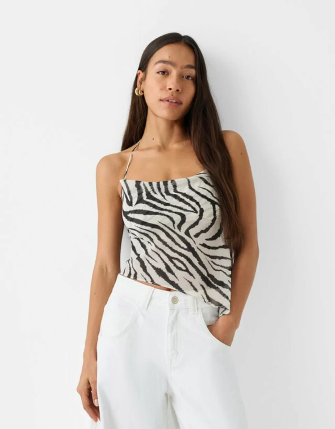 Bershka Cropped-Top Mit Trägern Damen M Weiss / Schwarz günstig online kaufen