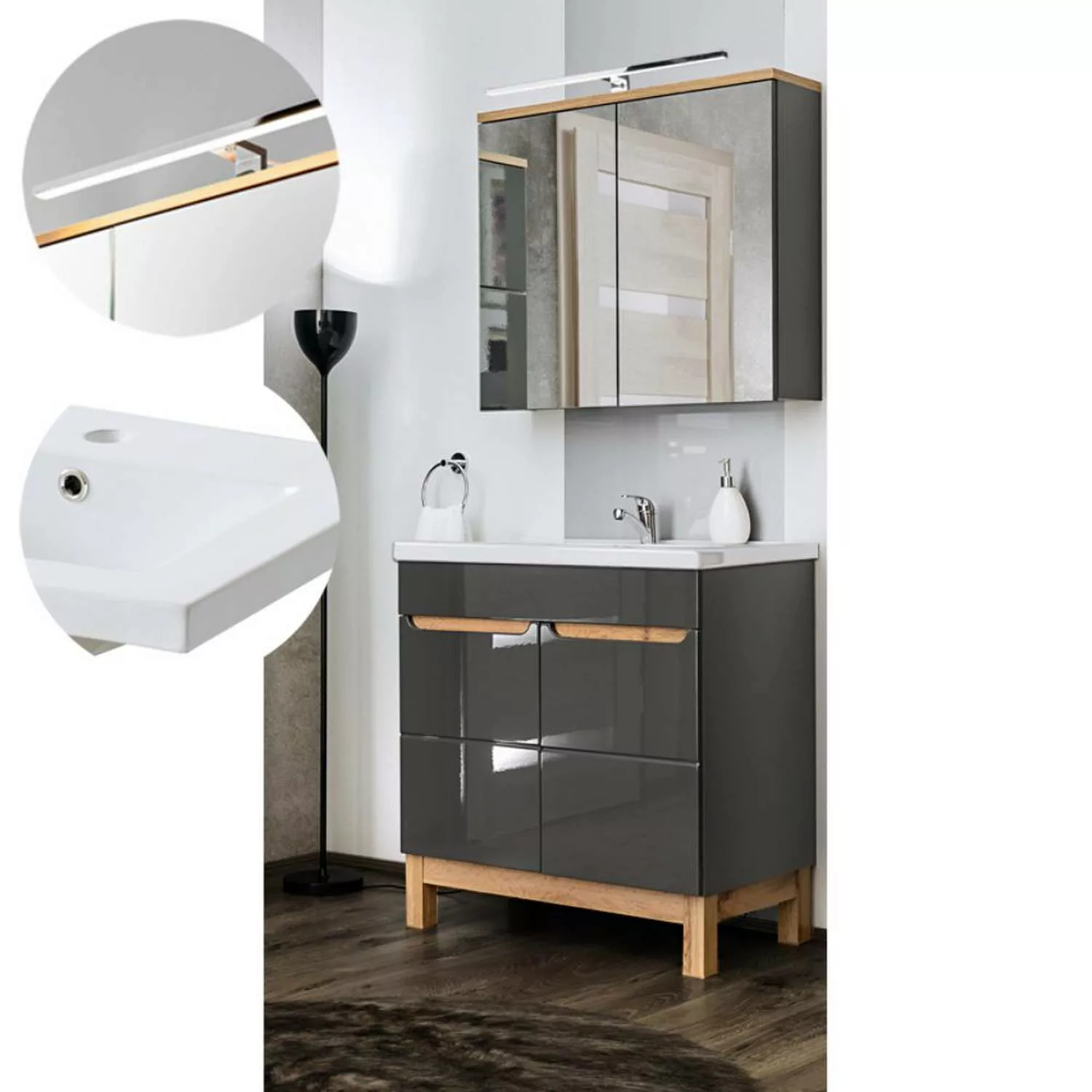 Badmöbel Waschplatz Set mit 80cm Keramik-Waschtisch & LED-Spiegelschrank SO günstig online kaufen