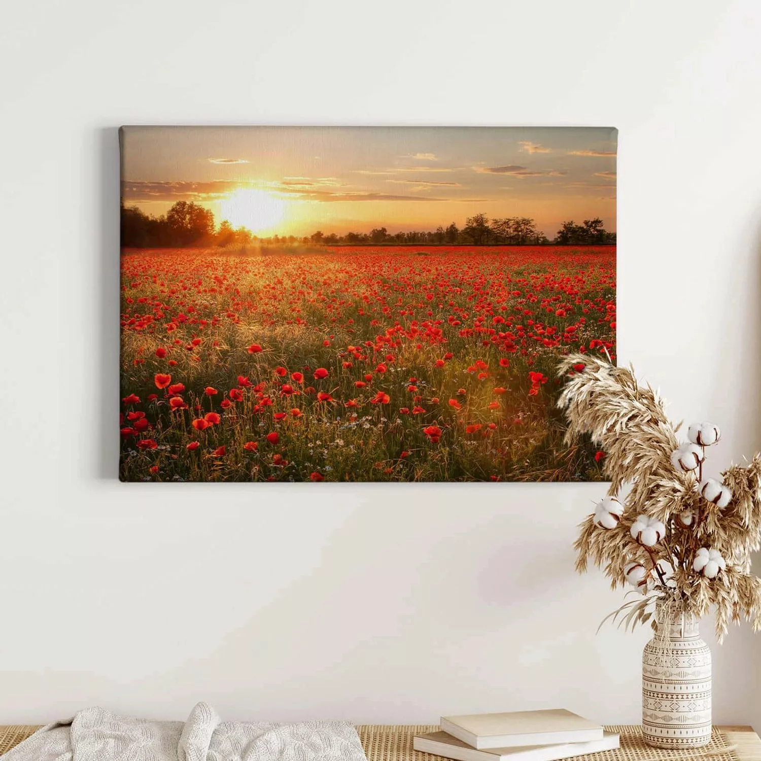 Bricoflor Mohnblumen Bild Auf Leinwand Mit Sonnenuntergang Wandbild Mit Blu günstig online kaufen