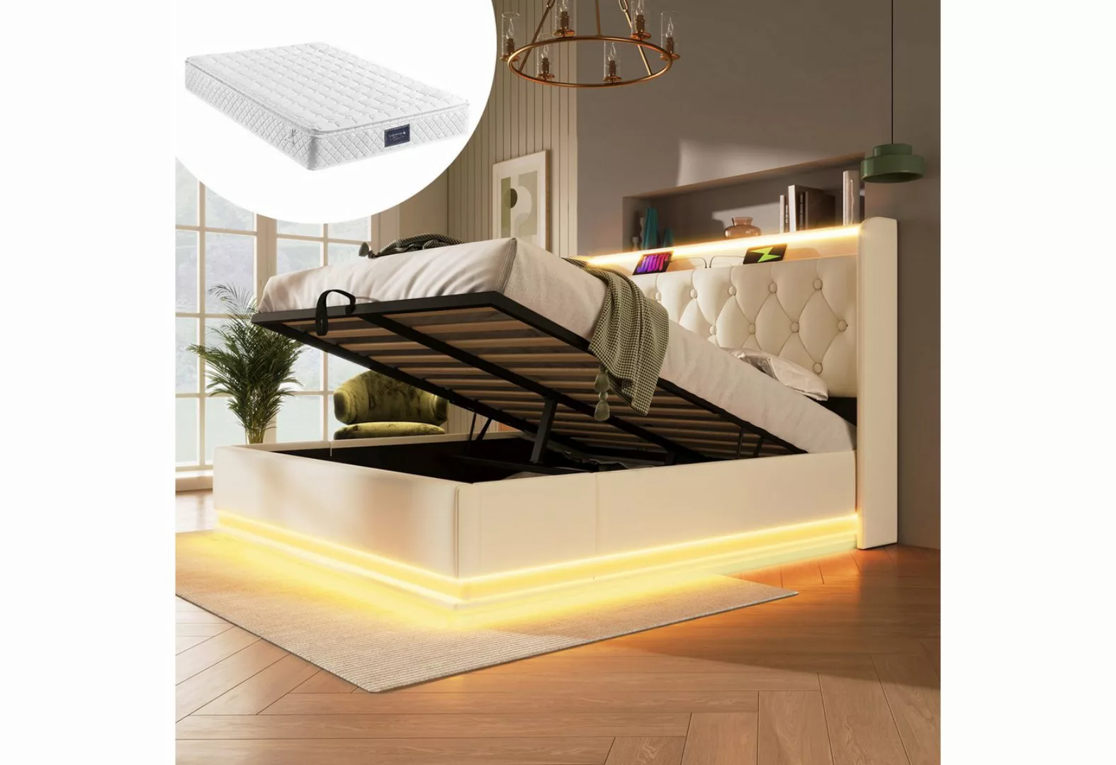 KoDise Polsterbett mit USB Typ-C Ladefunktion, LED Funktion 140x200cm, weiß günstig online kaufen