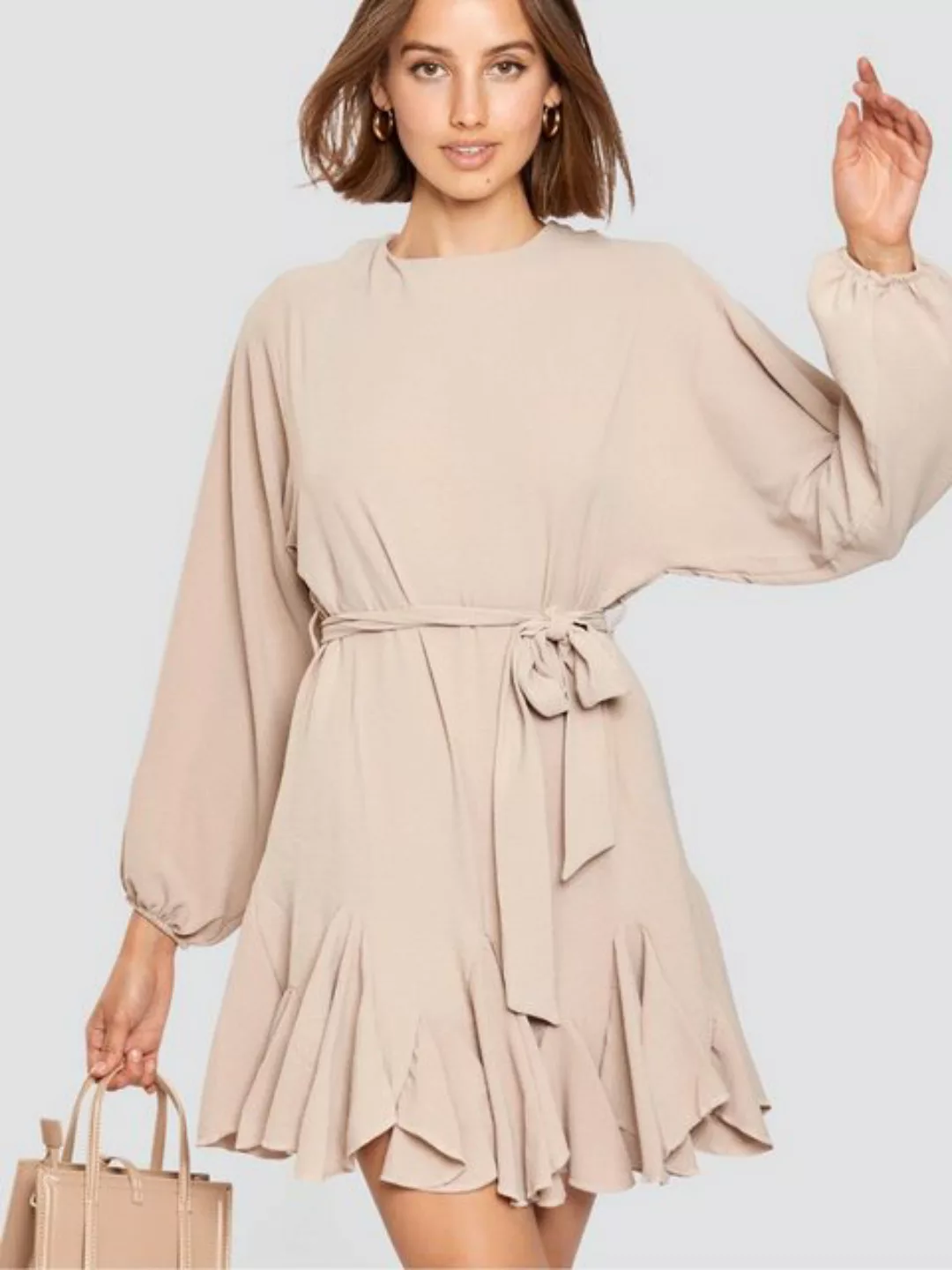 Freshlions Minikleid Kleid mit Bindegurt beige L Rüschen, Taillentunnelzug günstig online kaufen