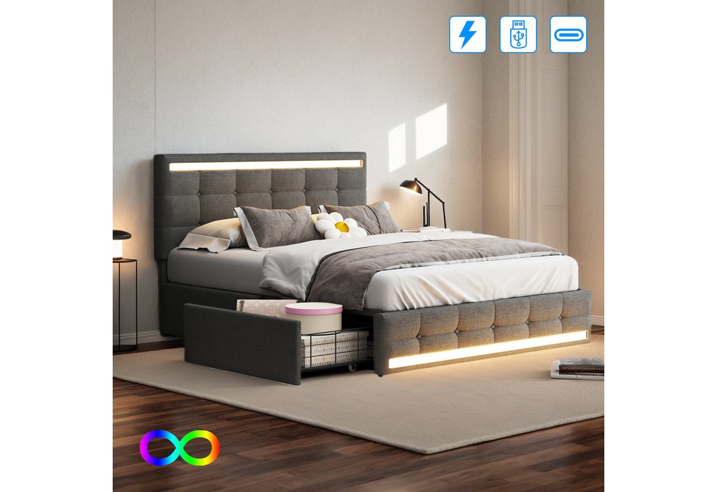 LuxeLiving Polsterbett LED Doppelbett (Geeignet für Jugendliche und Kinder) günstig online kaufen