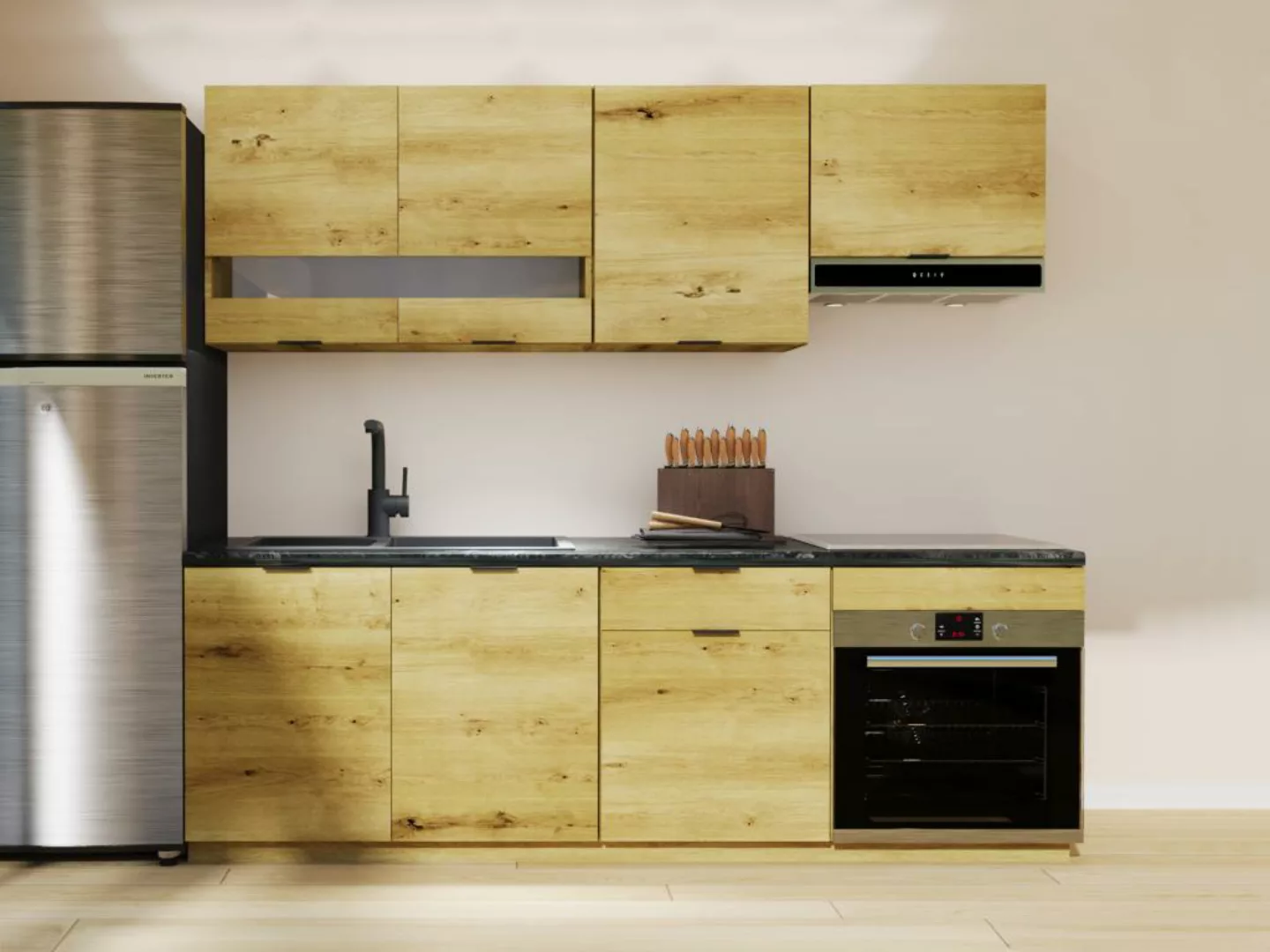 Küchenzeile - 200 cm - 6 Schrankelemente - Holzfarben & Anthrazit - CARMEO günstig online kaufen