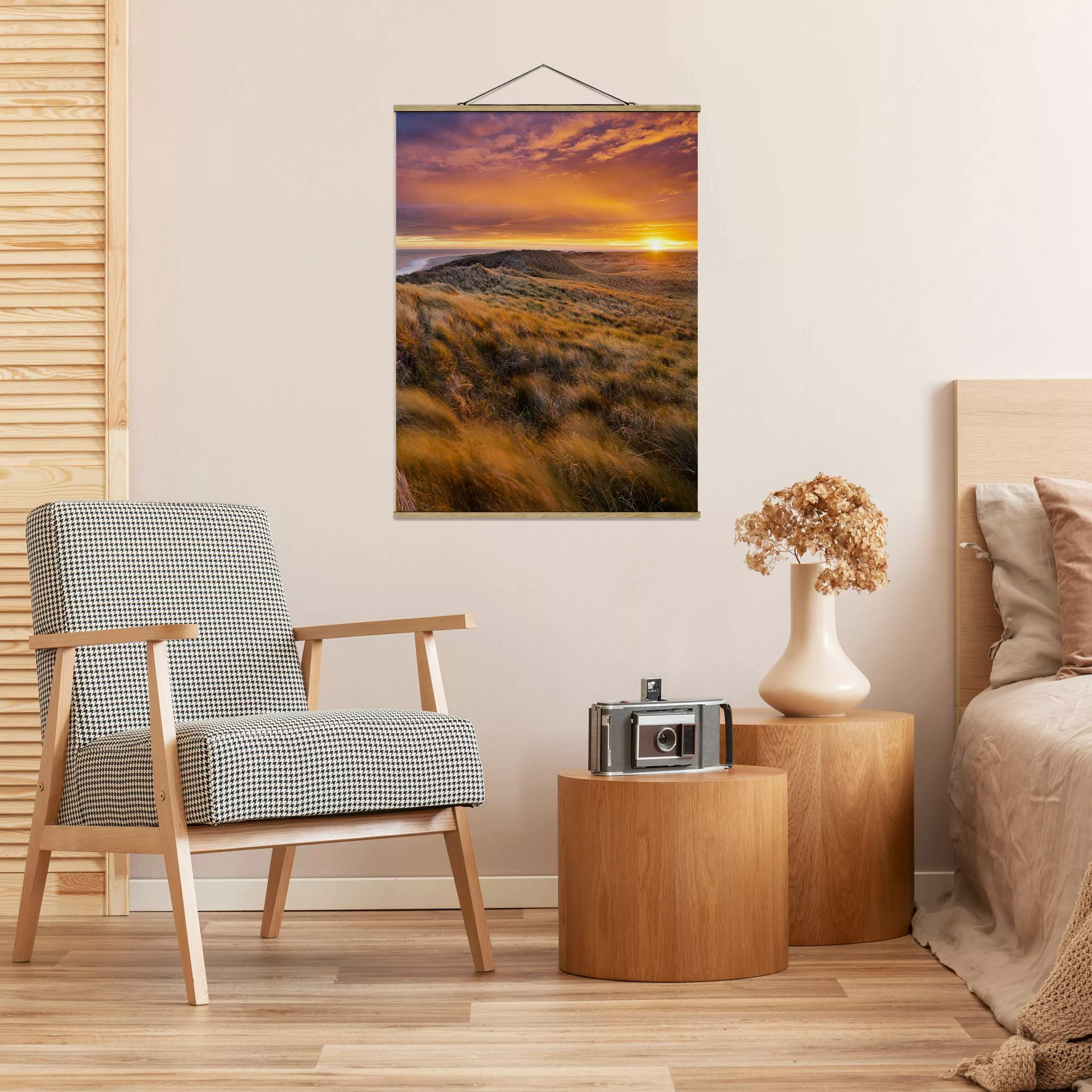 Stoffbild Strand mit Posterleisten - Hochformat Sonnenaufgang am Strand auf günstig online kaufen
