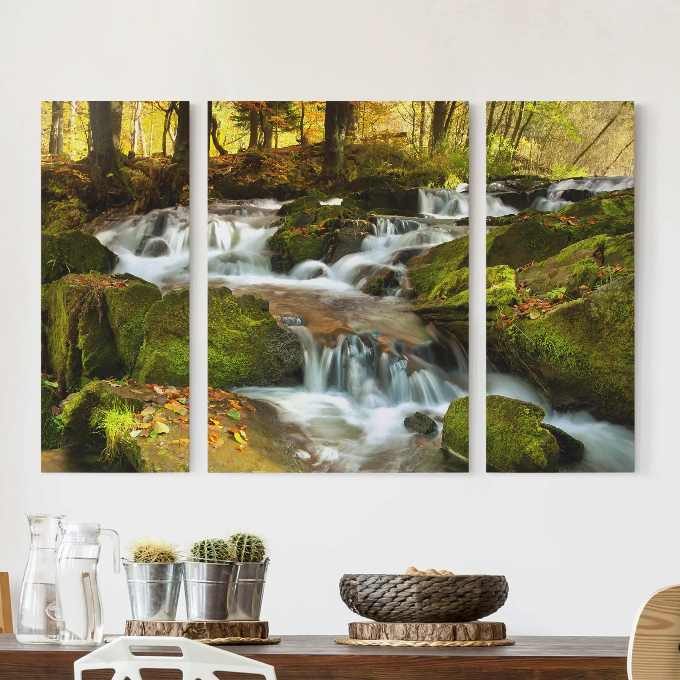 3-teiliges Leinwandbild Wald - Querformat Wasserfall herbstlicher Wald günstig online kaufen