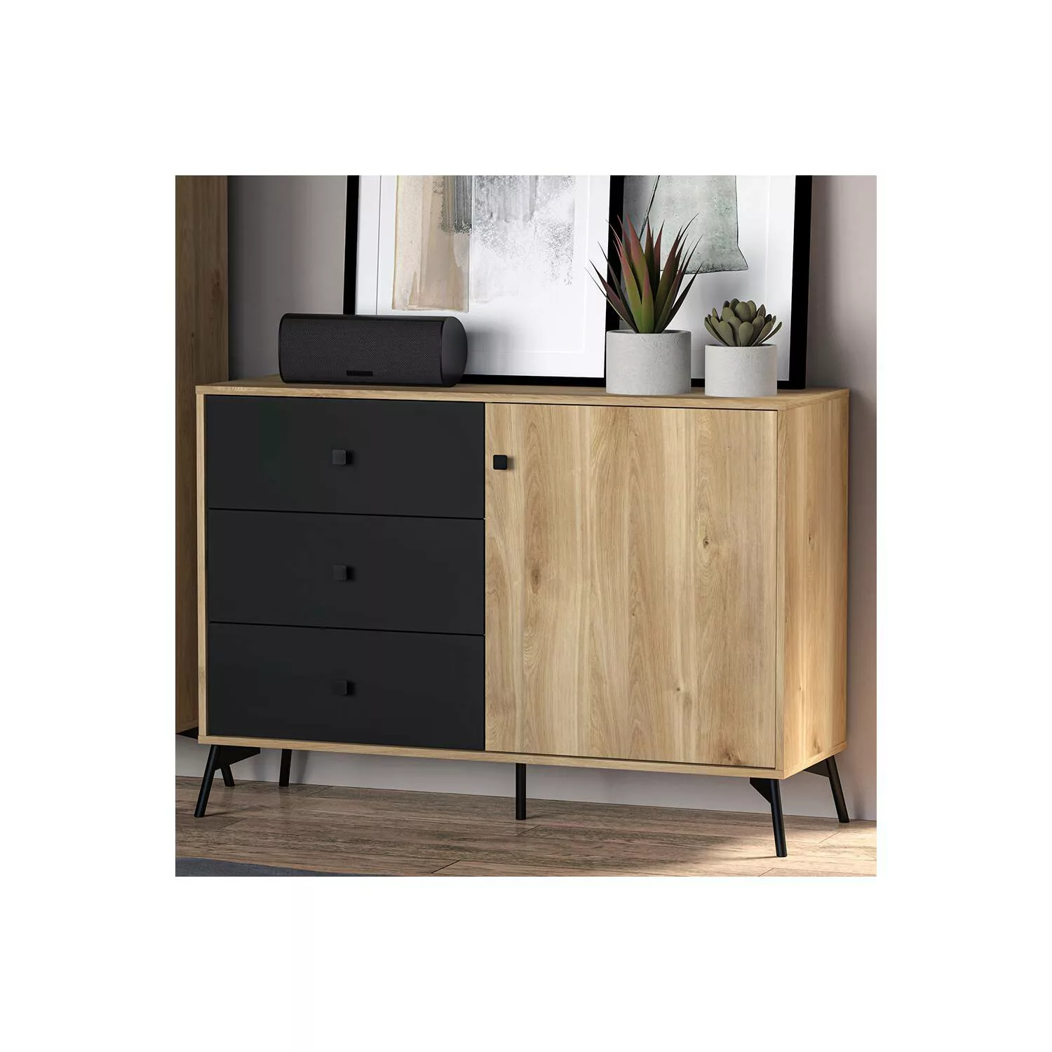 Kommode Wohnzimmer 120 cm Eiche Nb. ARONA-131 mit Akzenten in schwarz, B/H/ günstig online kaufen