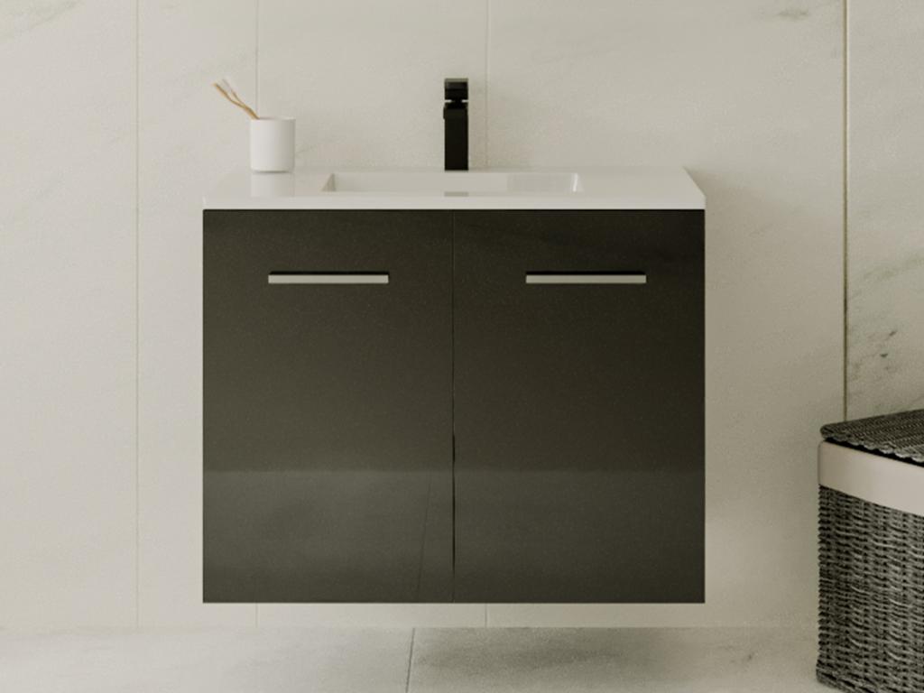 Waschbeckenunterschrank hängend mit Einzelwaschbecken - 60 cm - Schwarz - L günstig online kaufen