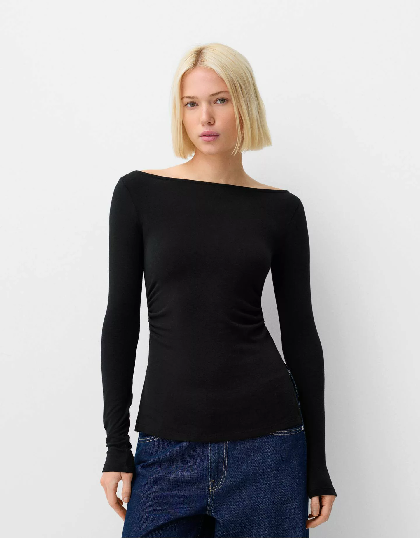 Bershka Langarmshirt Mit Raffung Damen Xs Schwarz günstig online kaufen