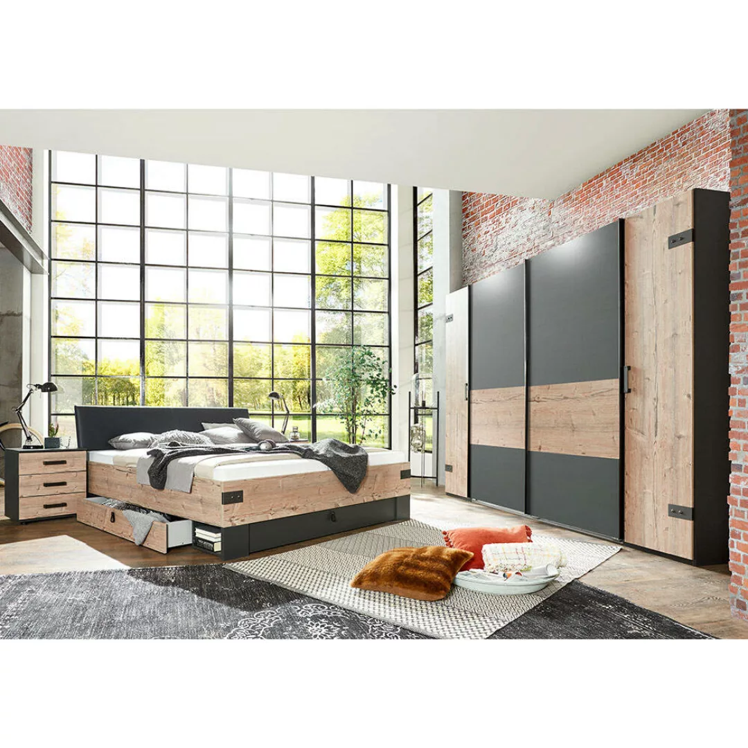 Schlafzimmer Set mit Kleiderschrank Schwebetüren graphit mit Fichte SUNDERL günstig online kaufen