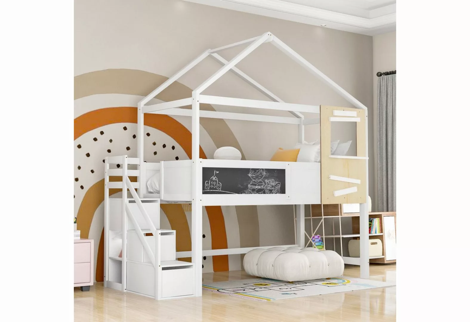 SOFTWEARY Hochbett (Kinderbett mit Lattenrost und Schubladen, 90x200 cm) Ha günstig online kaufen