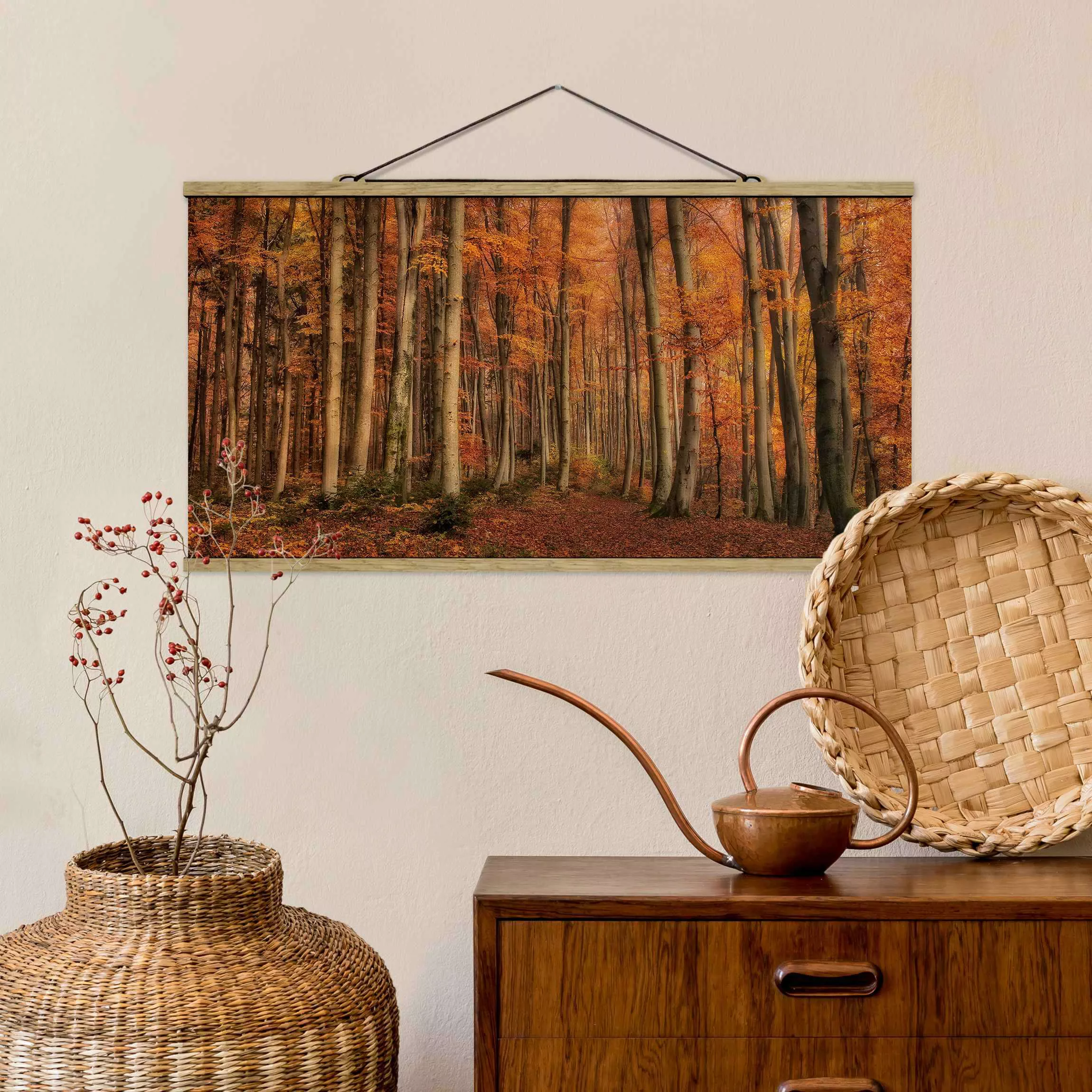 Stoffbild Wald mit Posterleisten - Querformat Herbstspaziergang günstig online kaufen