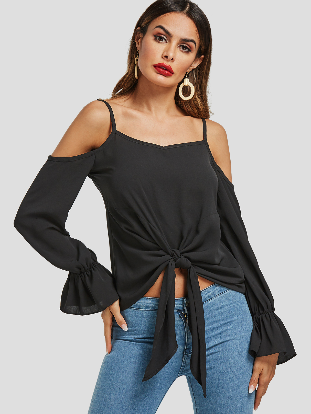 Schwarze Spaghetti-Chiffonbluse mit kalter Schulterbindung günstig online kaufen