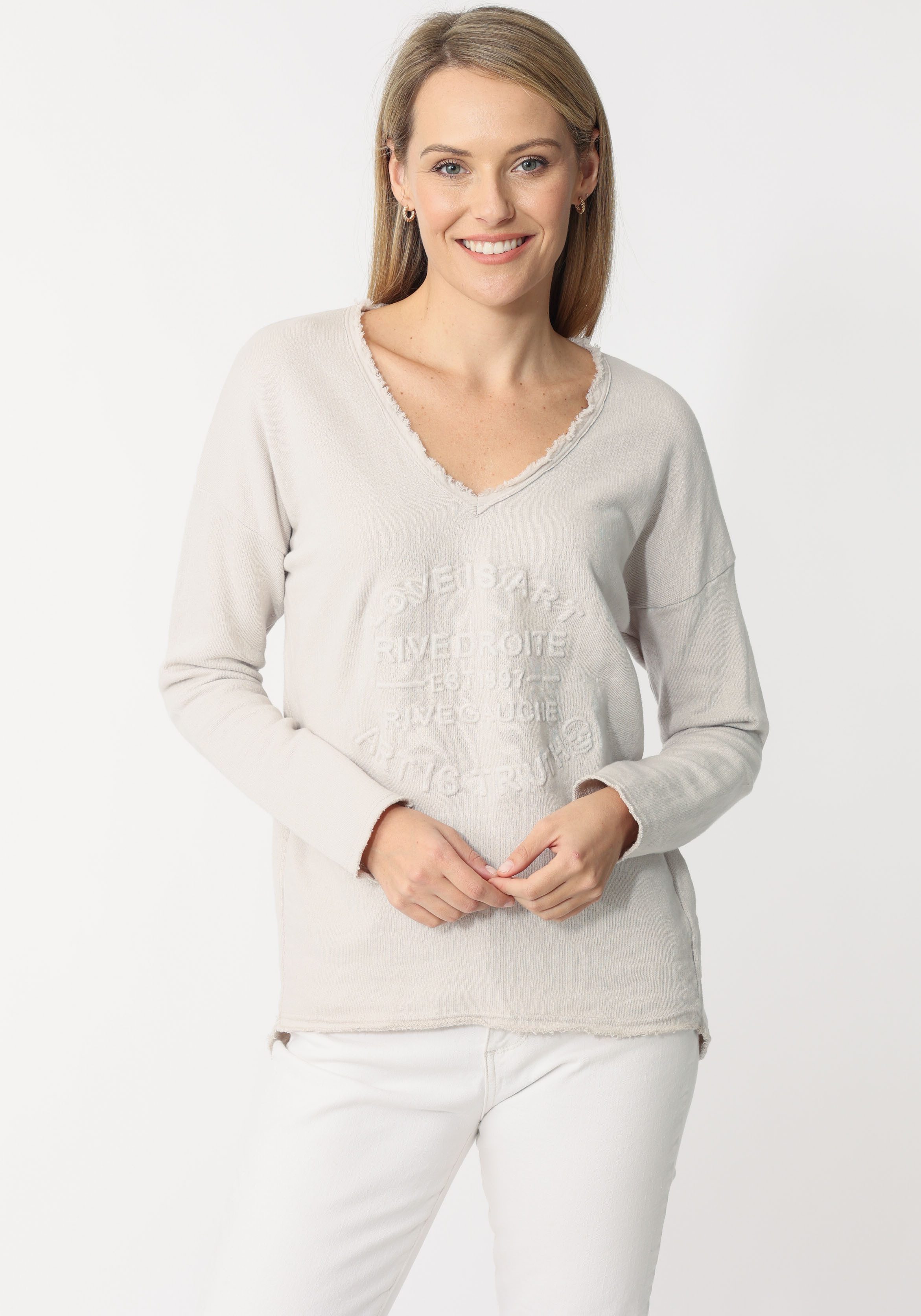Zwillingsherz Sweatshirt, ausgefranster V-Ausschnitt, Vintage Look, Langarm günstig online kaufen