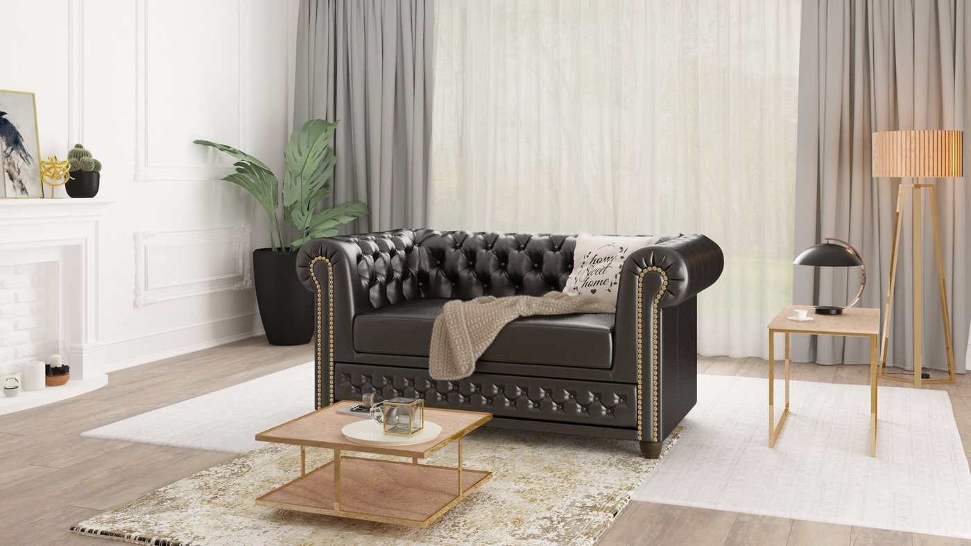 S-Style Möbel Chesterfield-Sofa Jeff, 2-Sitzer aus veganem Leder mit Holzfü günstig online kaufen