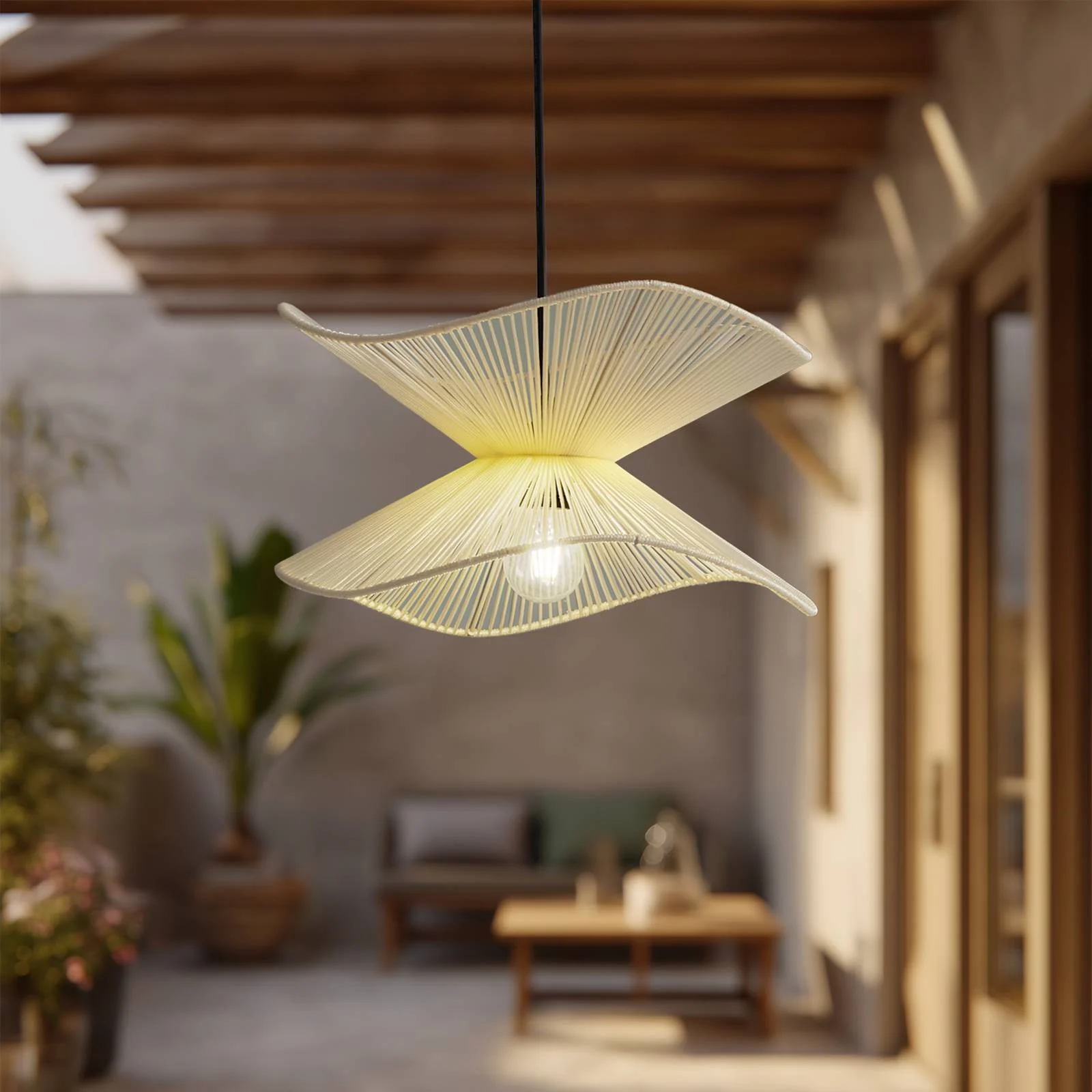Lindby Außenpendelleuchte Valdorin, beige, Baumwolle, IP44 günstig online kaufen