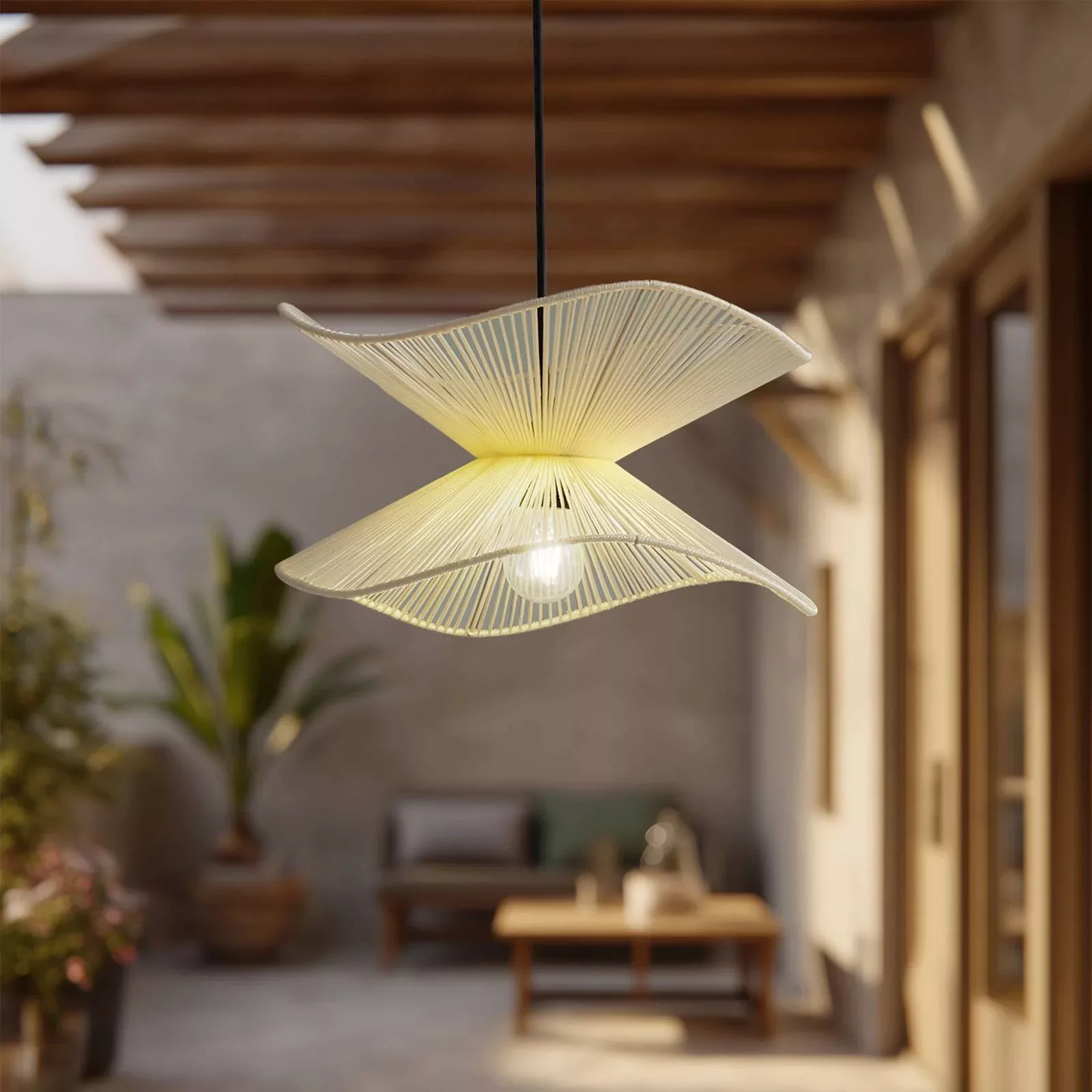 Lindby Außenpendelleuchte Valdorin, beige, Baumwolle, IP44 günstig online kaufen