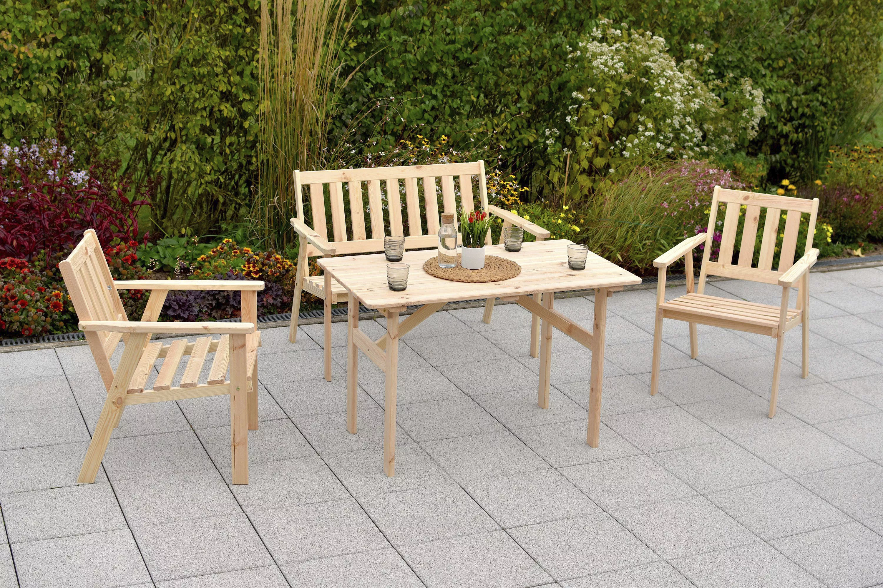 MERXX Garten-Essgruppe "Sylt", (4 tlg., 2x Sessel, 1x Bank, 1x Tisch), Kief günstig online kaufen