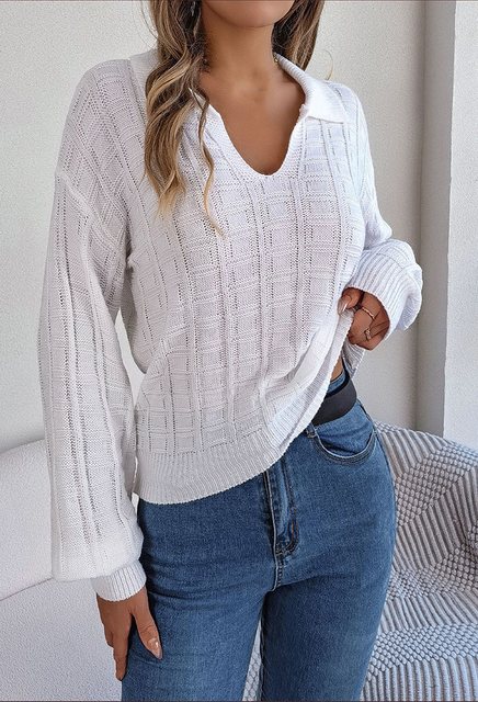 CHENIN Langarmhemd Damen Revers einfarbig kariert gestrickt Pullover Sweate günstig online kaufen