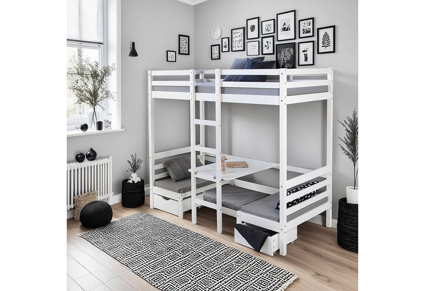 Homestyle4u Hochbett 90x200 Kinderbett Weiß Schreibtisch mit Bettkasten Sta günstig online kaufen