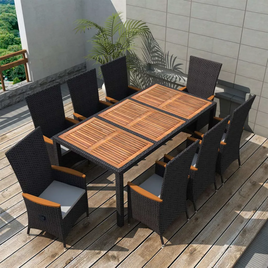 9-tlg. Garten-essgruppe Poly Rattan Akazienholz Schwarz günstig online kaufen