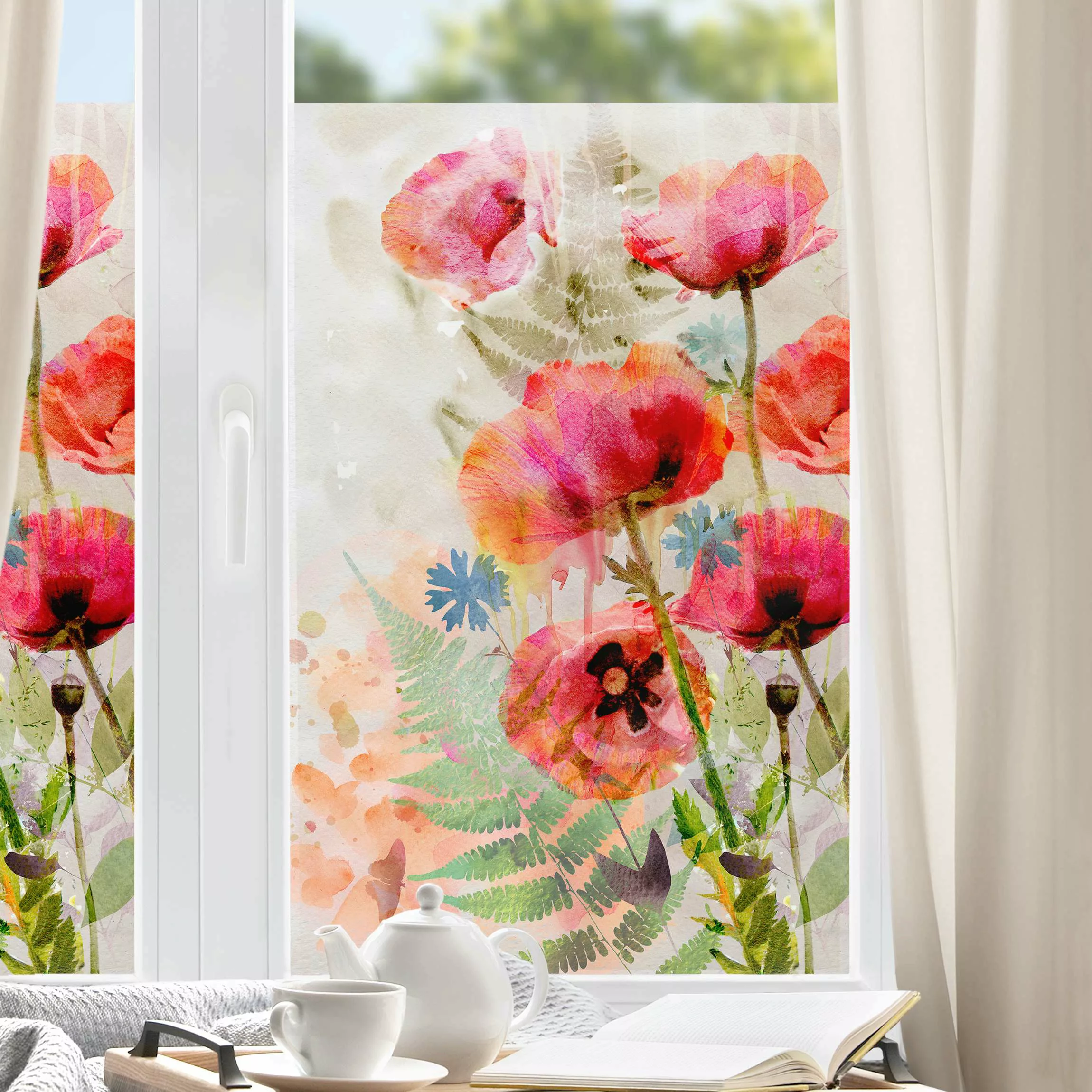 Fensterfolie Aquarell Blumen Mohn günstig online kaufen