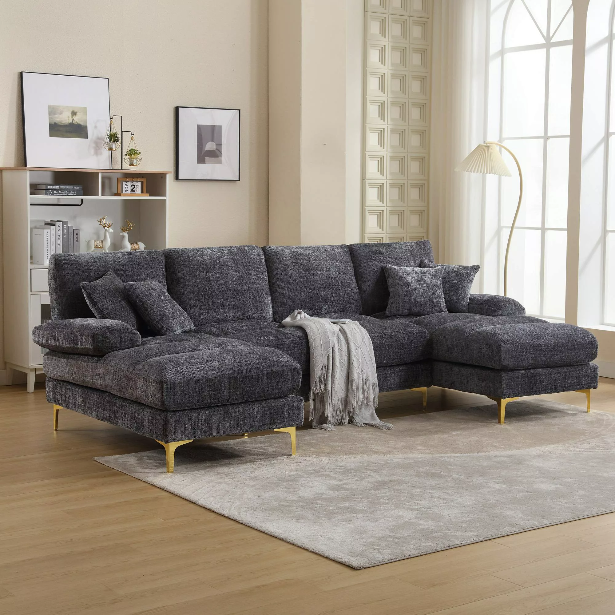 Modernes großes U-förmiges Chenille-Sofa mit Doppel-Liegesitzen, für Wohnzi günstig online kaufen