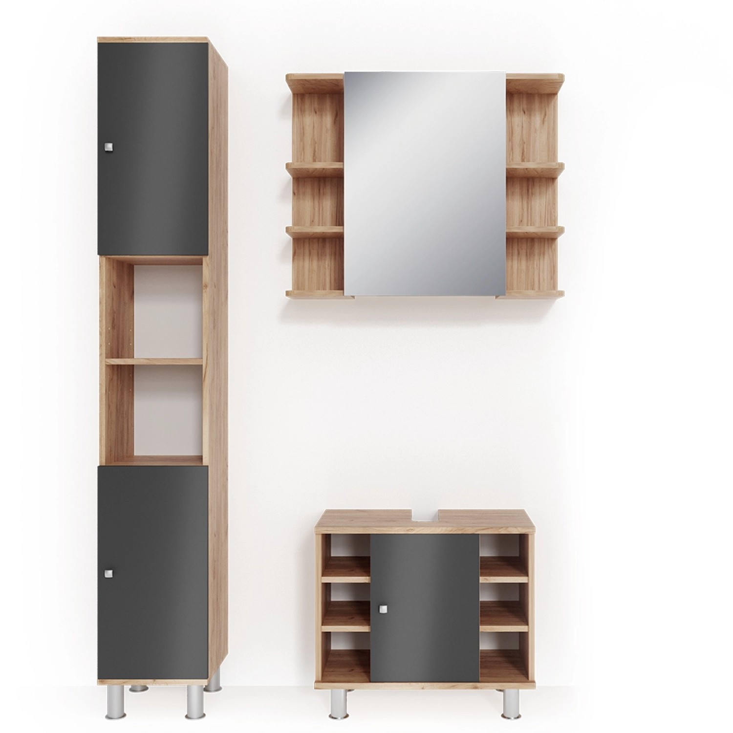 Vicco Badmöbel-Set Fynn Eiche/Anthrazit 3 Teile mit Hochschrank günstig online kaufen