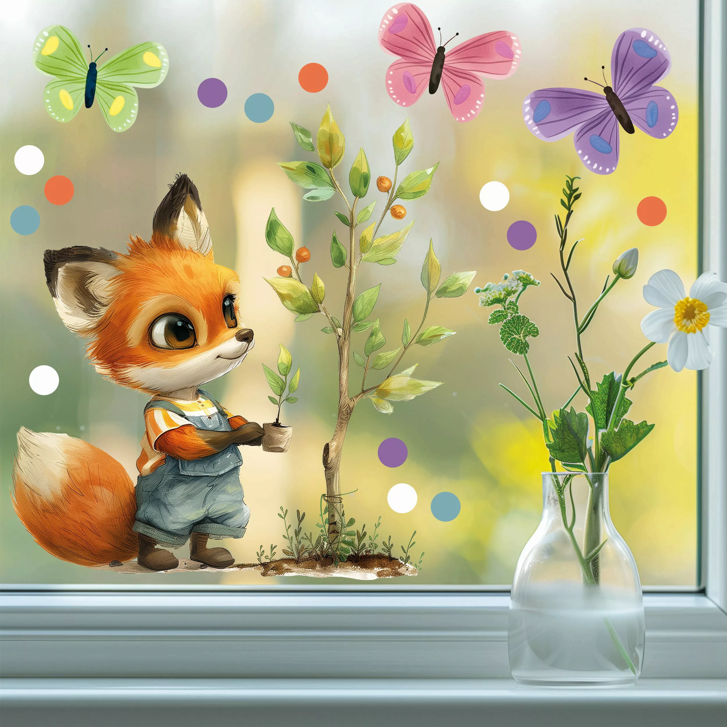 Sunnywall Fensterdekoration wiederverwendbares Fensterbild Fuchs Gärtner günstig online kaufen