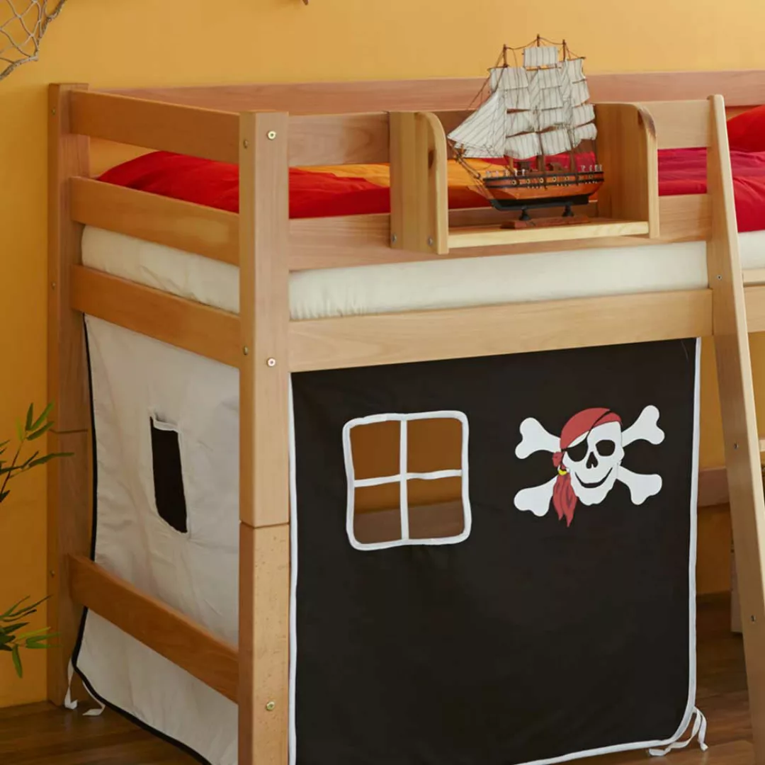 Kinder Halbhochbett aus Buche Massivholz Vorhang im Piraten Design günstig online kaufen