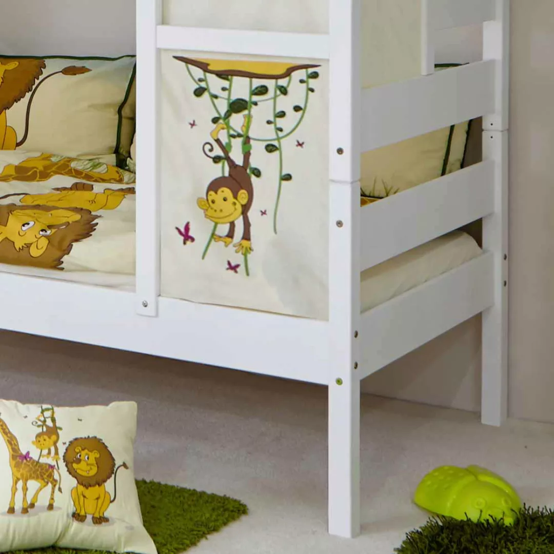 Jungen Kinderbett in Weiß Kiefer massiv Dschungel Design günstig online kaufen