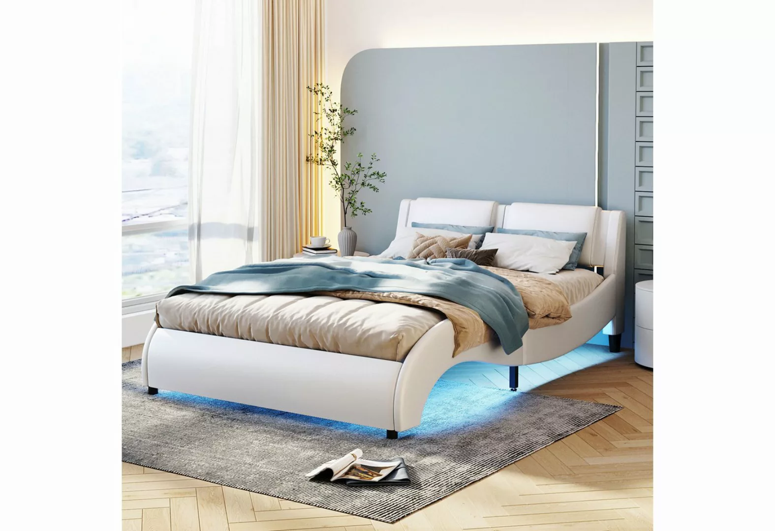 Rutaqian Polsterbett Doppelbett 140×200cm Kunstlederbett mit LED Lichtbettg günstig online kaufen