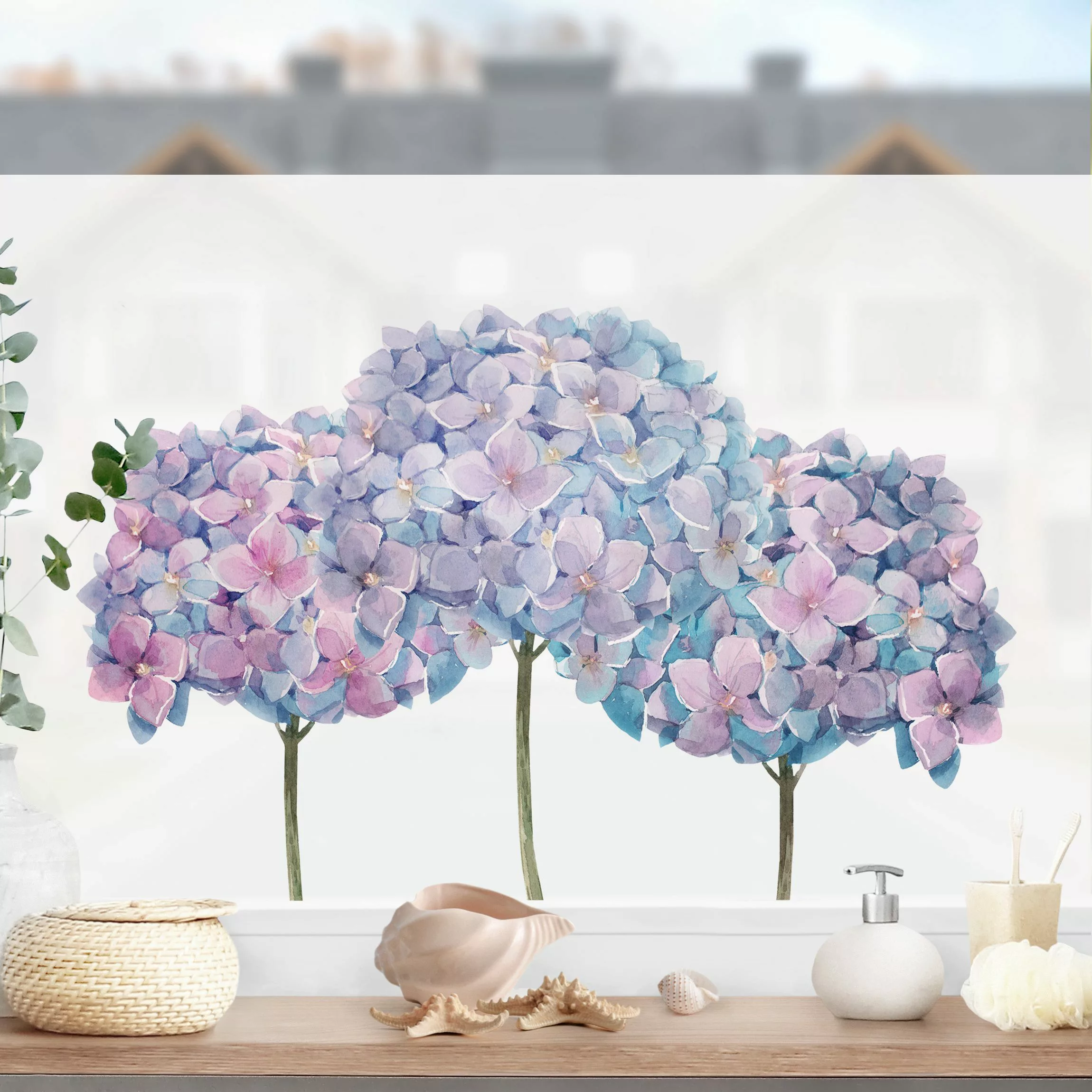 Fensterfolie Aquarell Drei blaue Hortensien günstig online kaufen