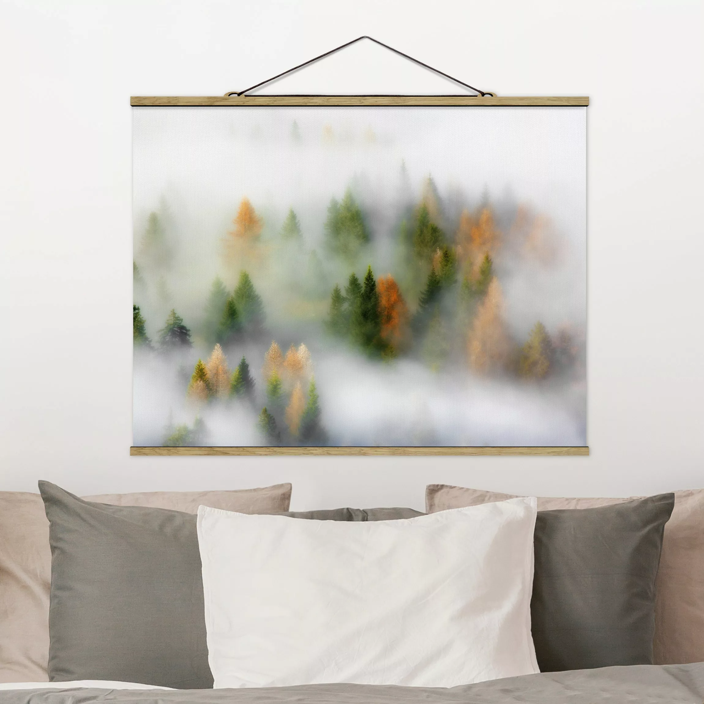 Stoffbild Wald mit Posterleisten - Querformat Nebelwald im Herbst günstig online kaufen