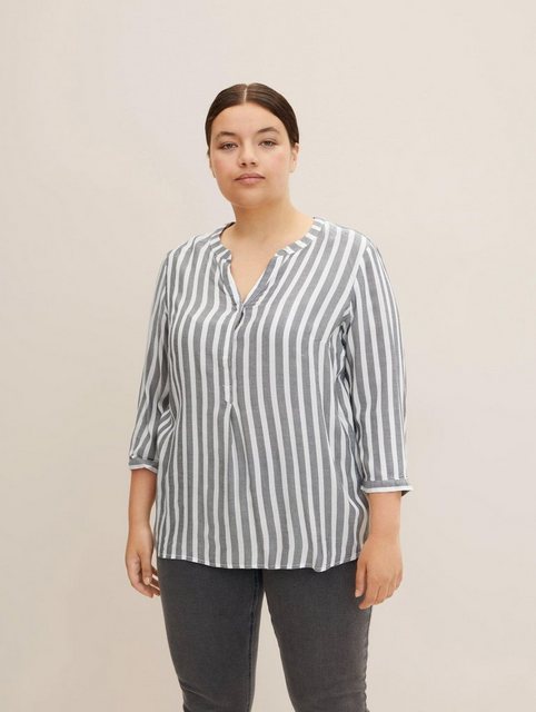 TOM TAILOR PLUS Langarmbluse Plus Size - Gestreifte Henleybluse mit LENZING günstig online kaufen