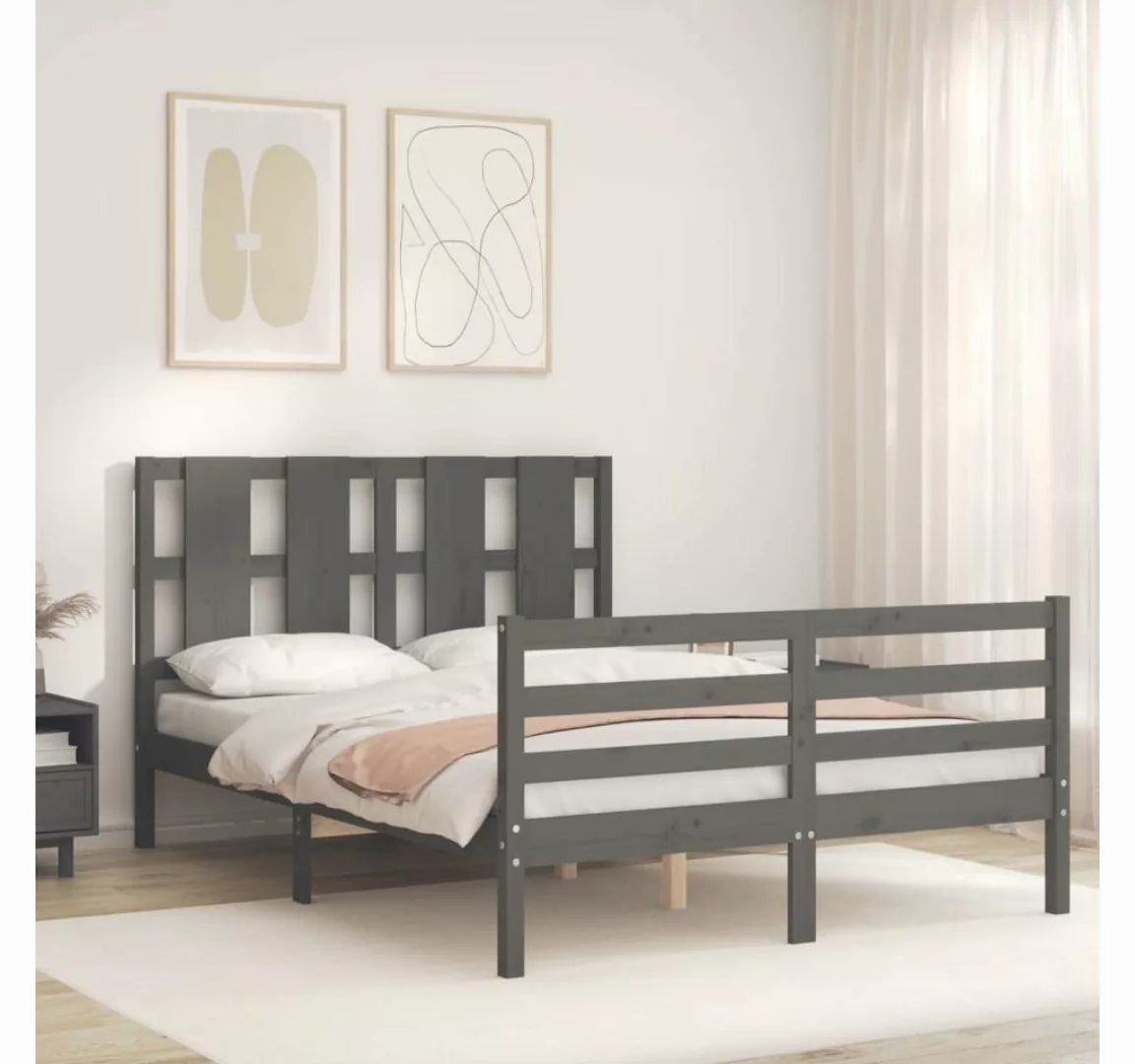 vidaXL Bett Massivholzbett mit Kopfteil Grau 140x190 cm günstig online kaufen