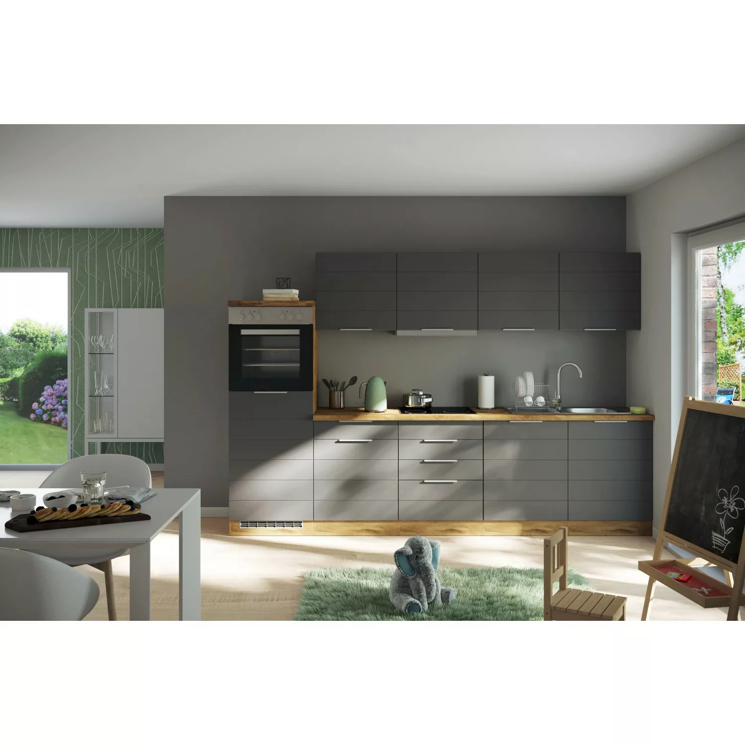 Held Möbel Küchenzeile 300 cm Matt Grau-Wotaneiche ohne E-Geräte günstig online kaufen