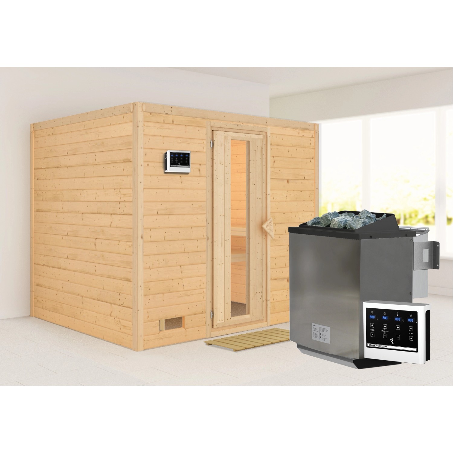 Karibu Sauna Sarina mit Bio-Ofen externe Stg.Natur günstig online kaufen