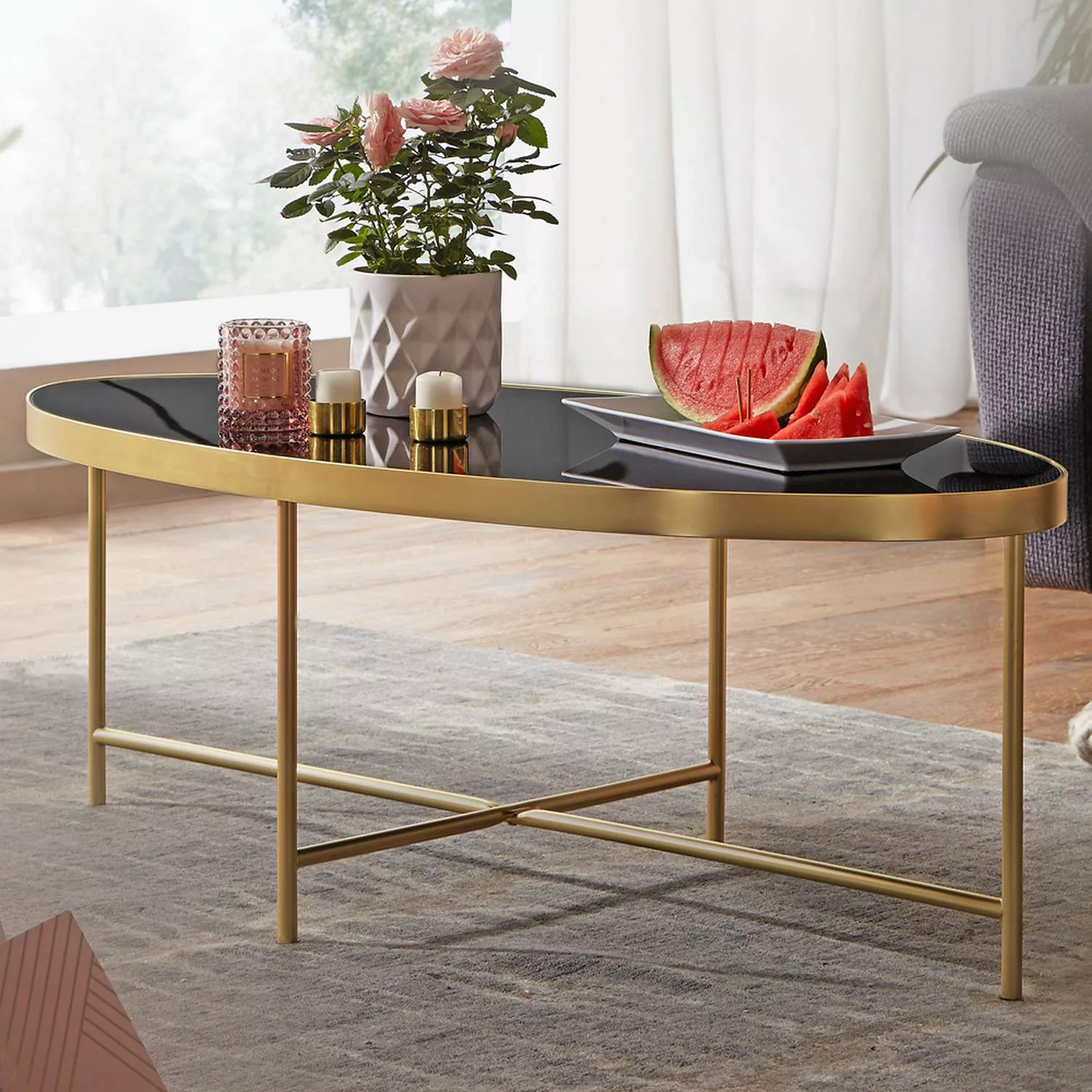 Lounge Couchtisch Glas schwarz - Oval 110 x 56cm mit golden Metallgestell B günstig online kaufen