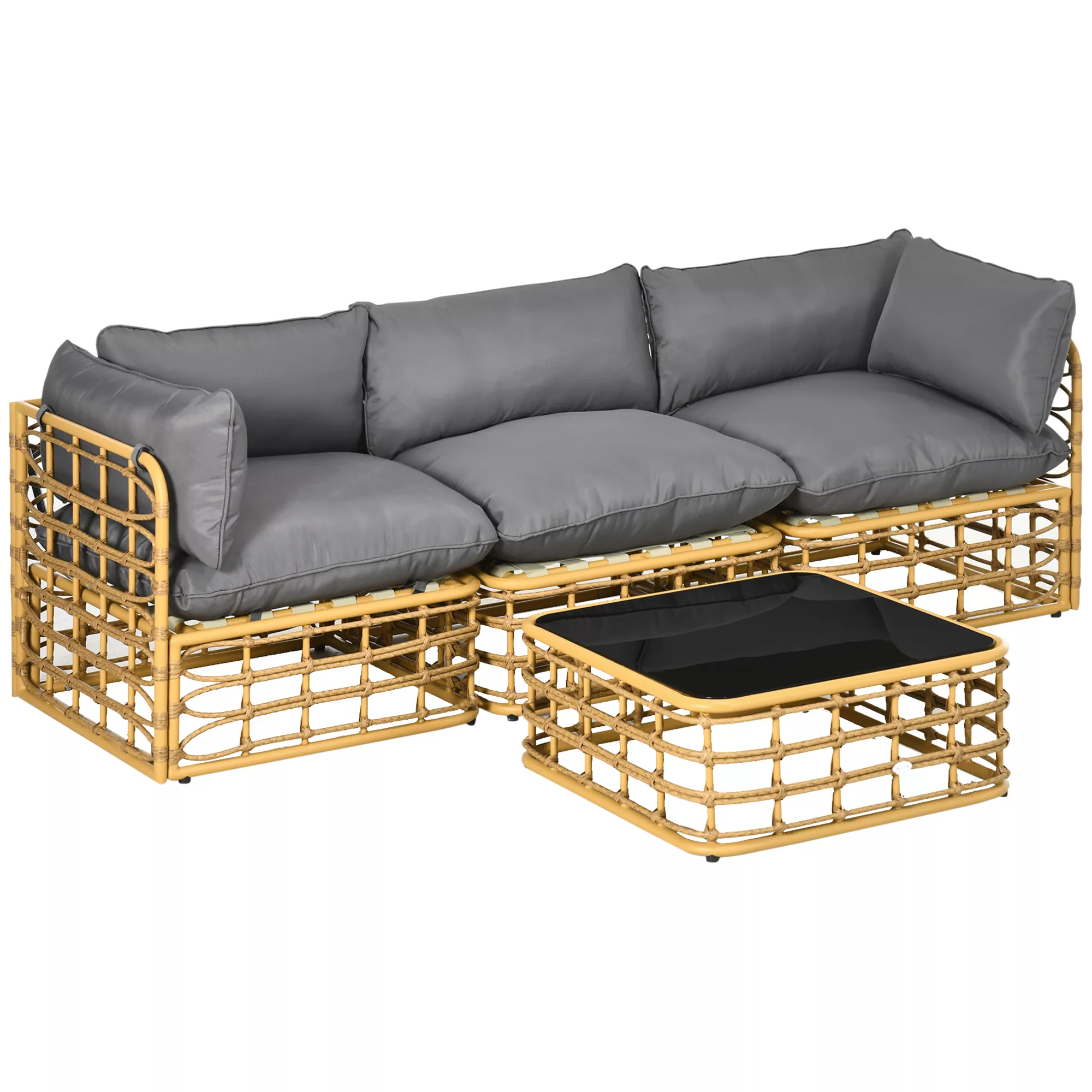 Outsunny 4 tlg Rattan Gartenmöbel-Set Sitzgruppe mit 3 Sofas Hocker Beistel günstig online kaufen