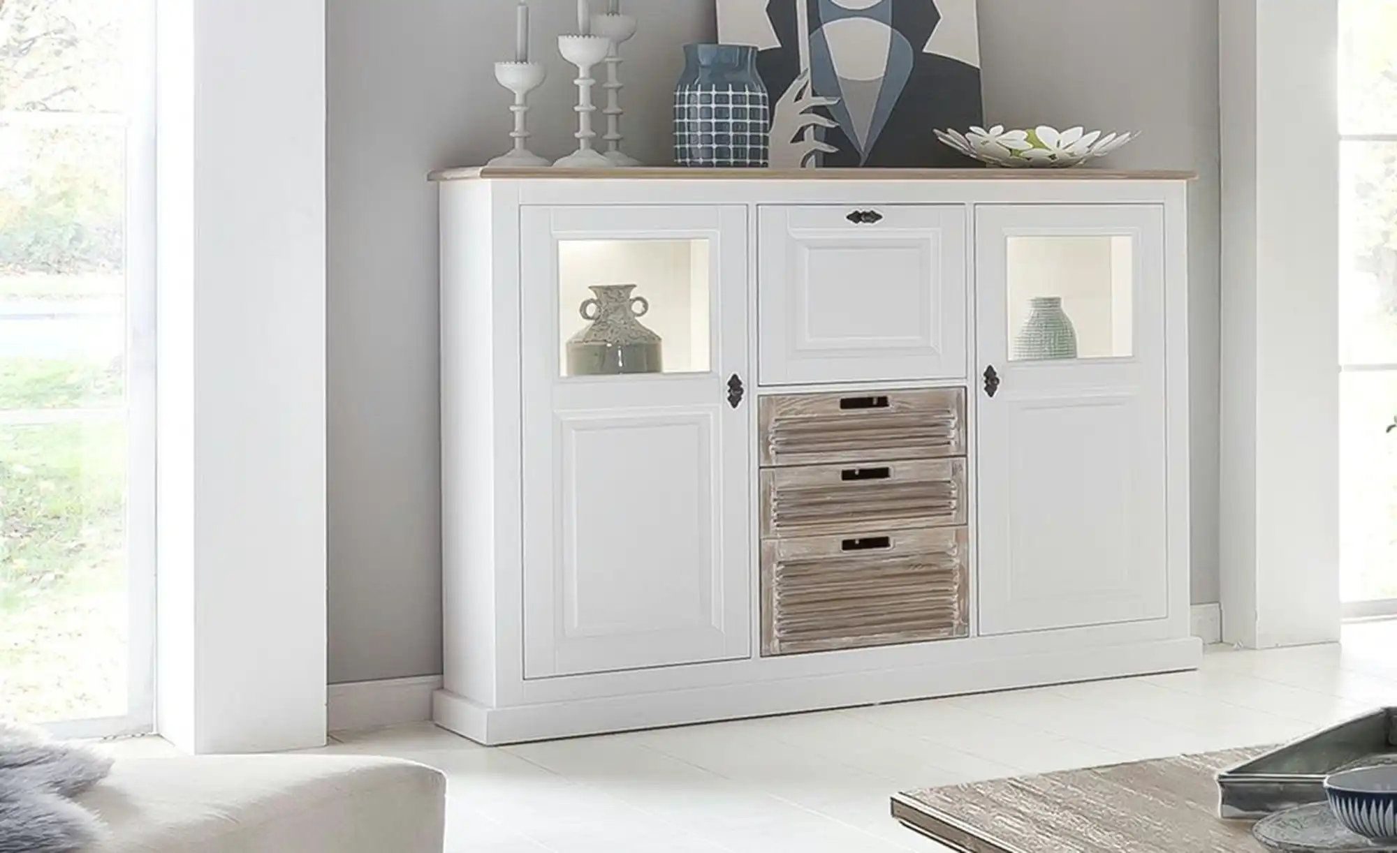 maison bleue Highboard  Cortina ¦ weiß ¦ Maße (cm): B: 142,7 H: 113,1 T: 42 günstig online kaufen