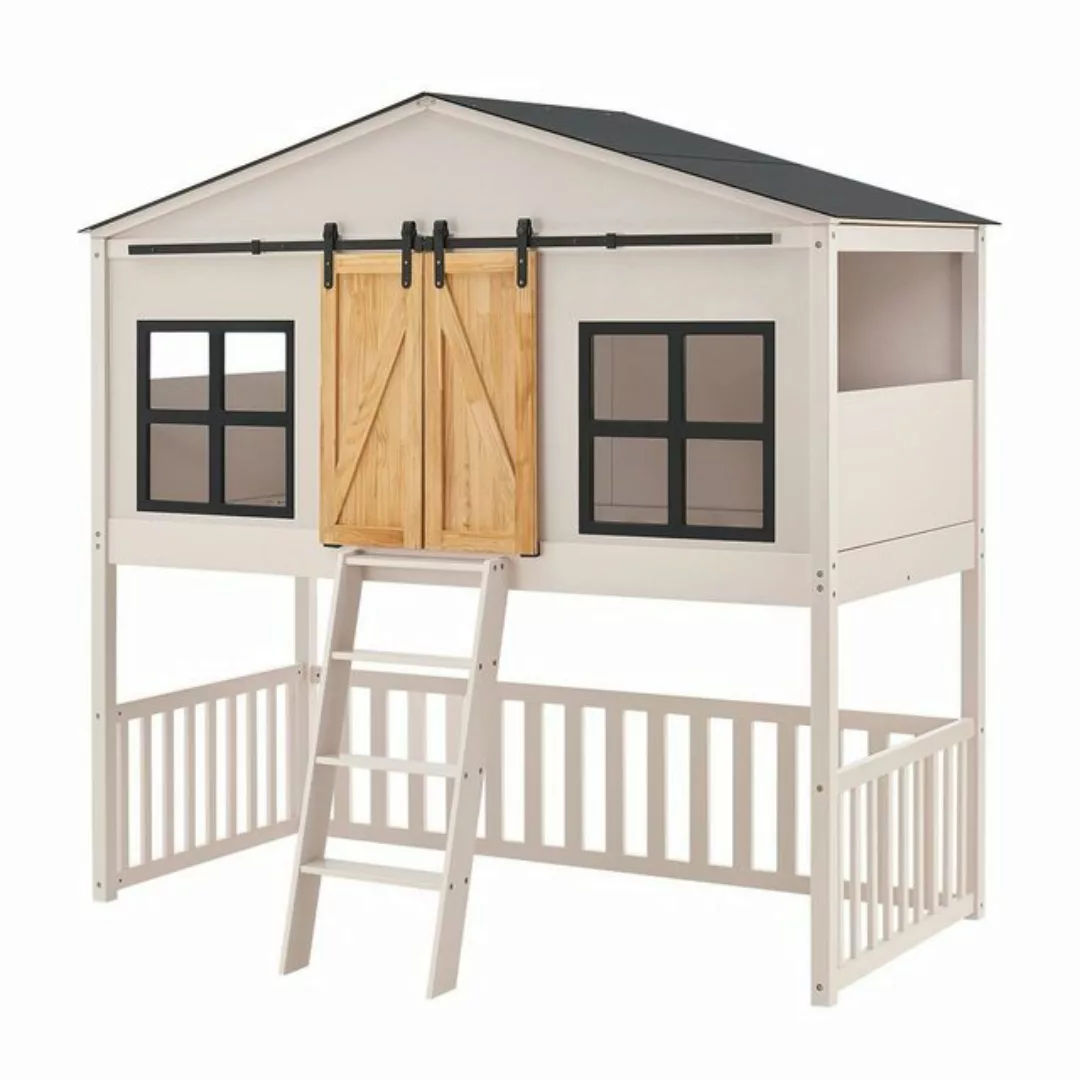 Juskys Kinderbett Farmhaus, 90x200 cm, Hochbett im Farmhaus-Stil, Holz, Hau günstig online kaufen