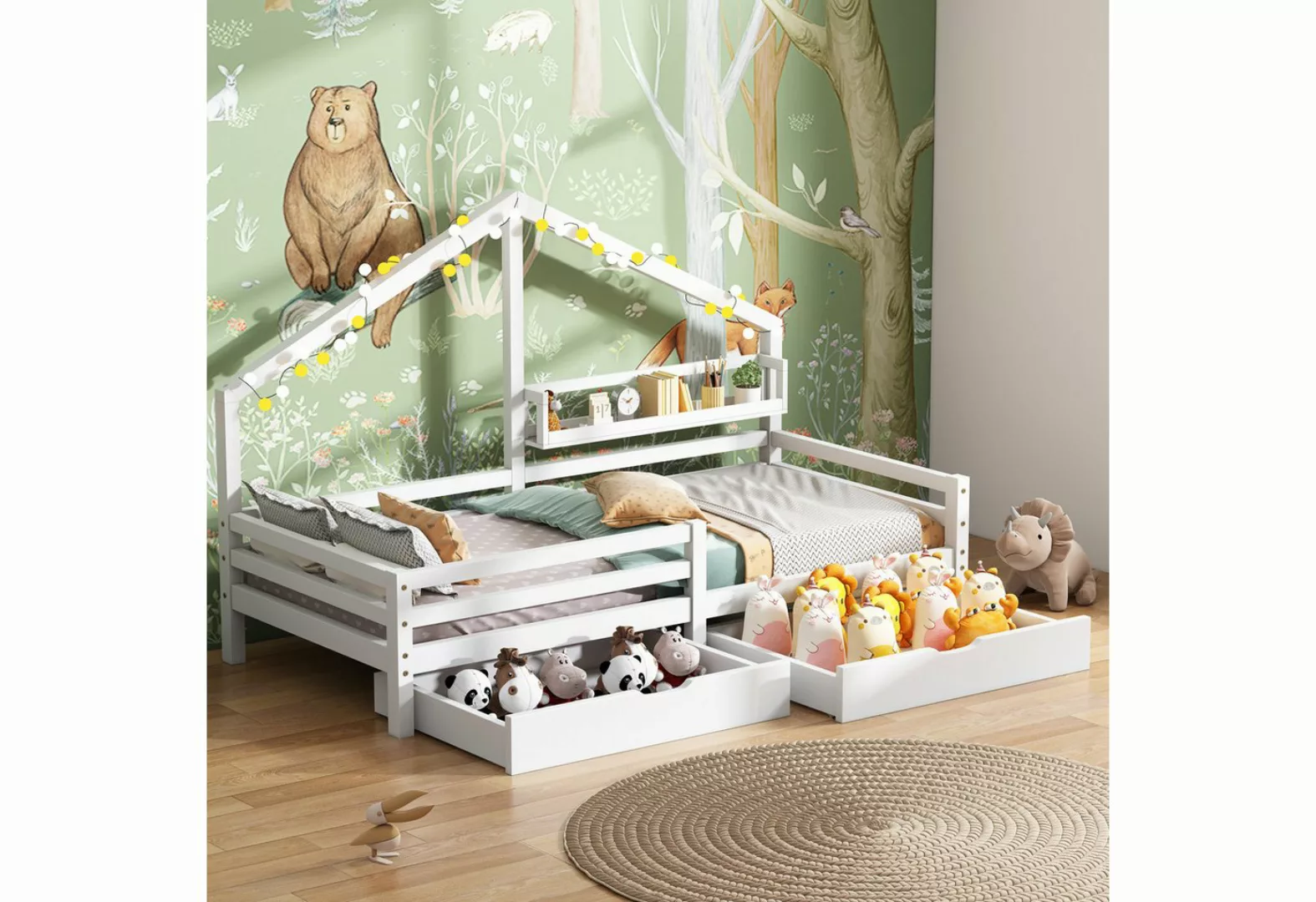 KoDise Kinderbett 90x200cm Hausbett Holzbett mit Ablageregal & Zaun,Kaminfo günstig online kaufen