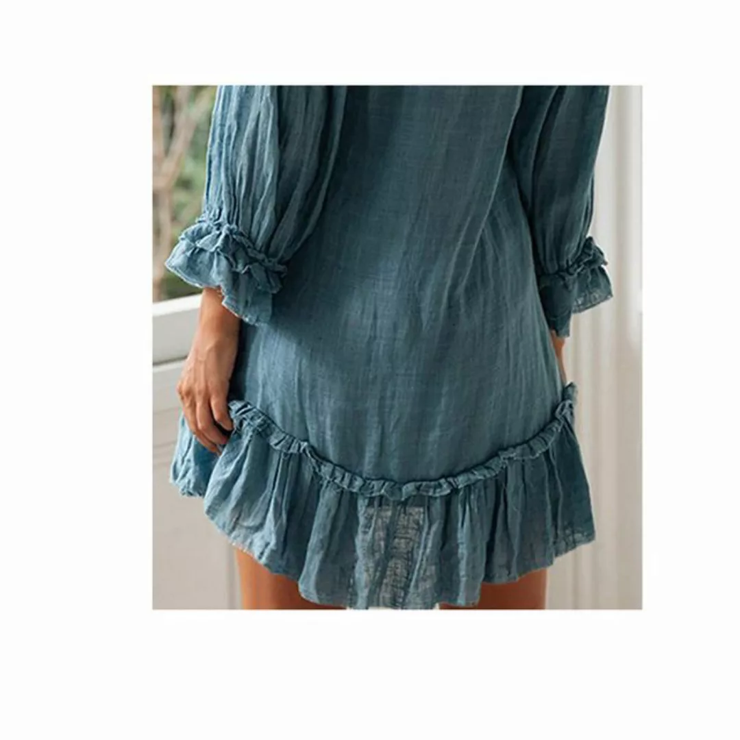 KIKI Strandkleid Lockeres A-Linien-Hemdkleid mit langen Ärmeln und Rüschen günstig online kaufen