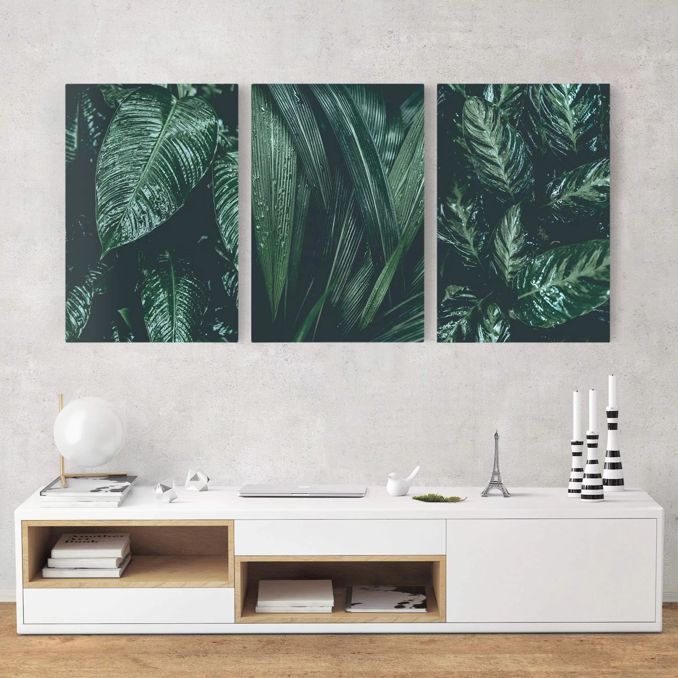 3-teiliges Leinwandbild Botanik - Hochformat Blätter im Regen günstig online kaufen