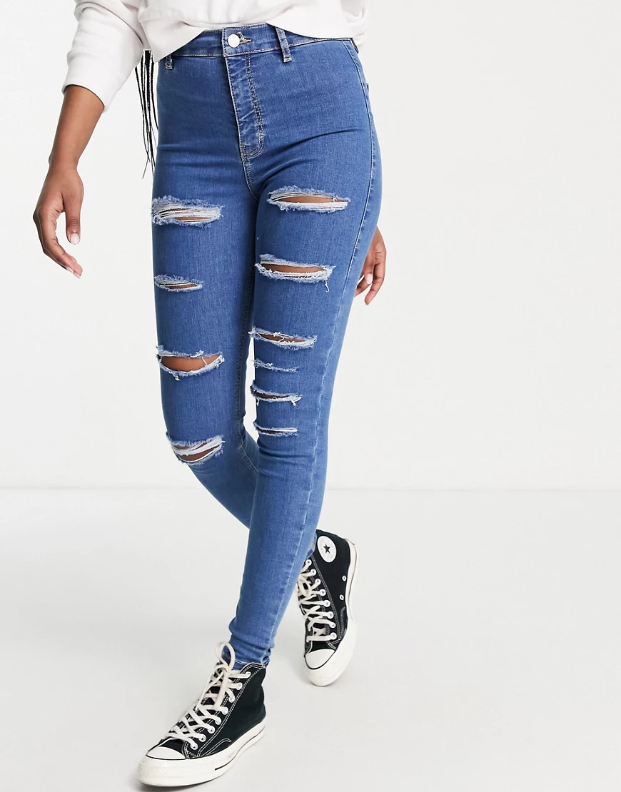 Topshop – Joni – Jeans in Mittelblau mit markanten Rissen günstig online kaufen