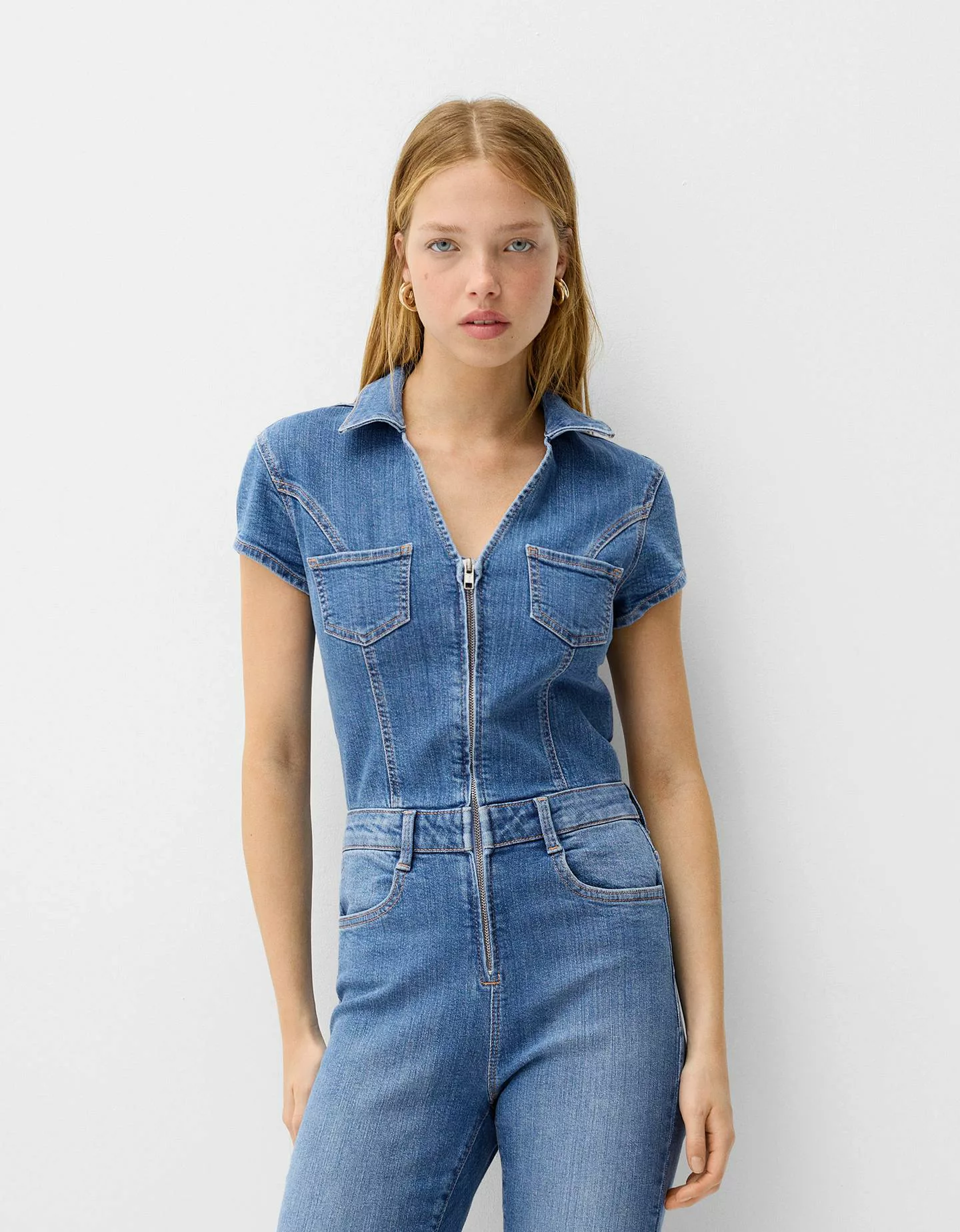 Bershka Jeans-Jumpsuit Mit Kurzen Ärmeln Damen Xs Ausgewaschenes Blau günstig online kaufen