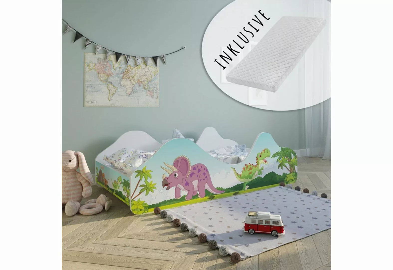 Kids Collective Kinderbett Jugendbett 80x160 mit Rausfallschutz, Dinosaurie günstig online kaufen