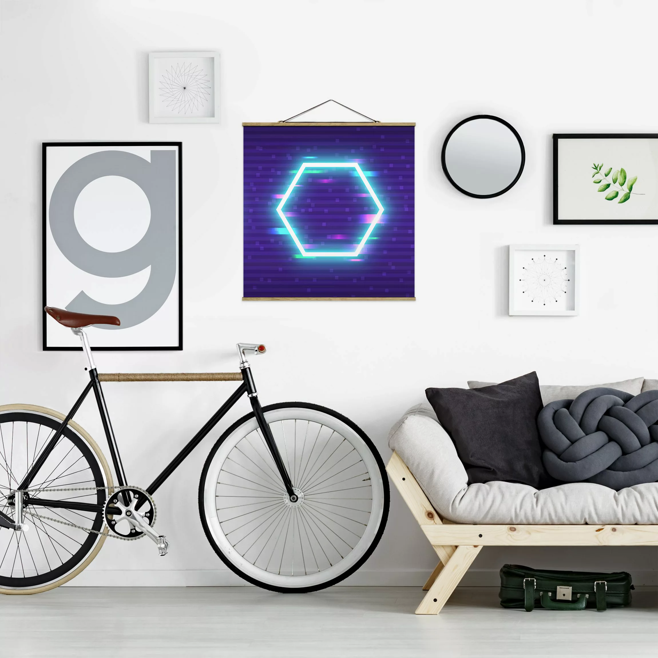 Stoffbild mit Posterleisten Geometrisches Hexagon in Neonfarben günstig online kaufen